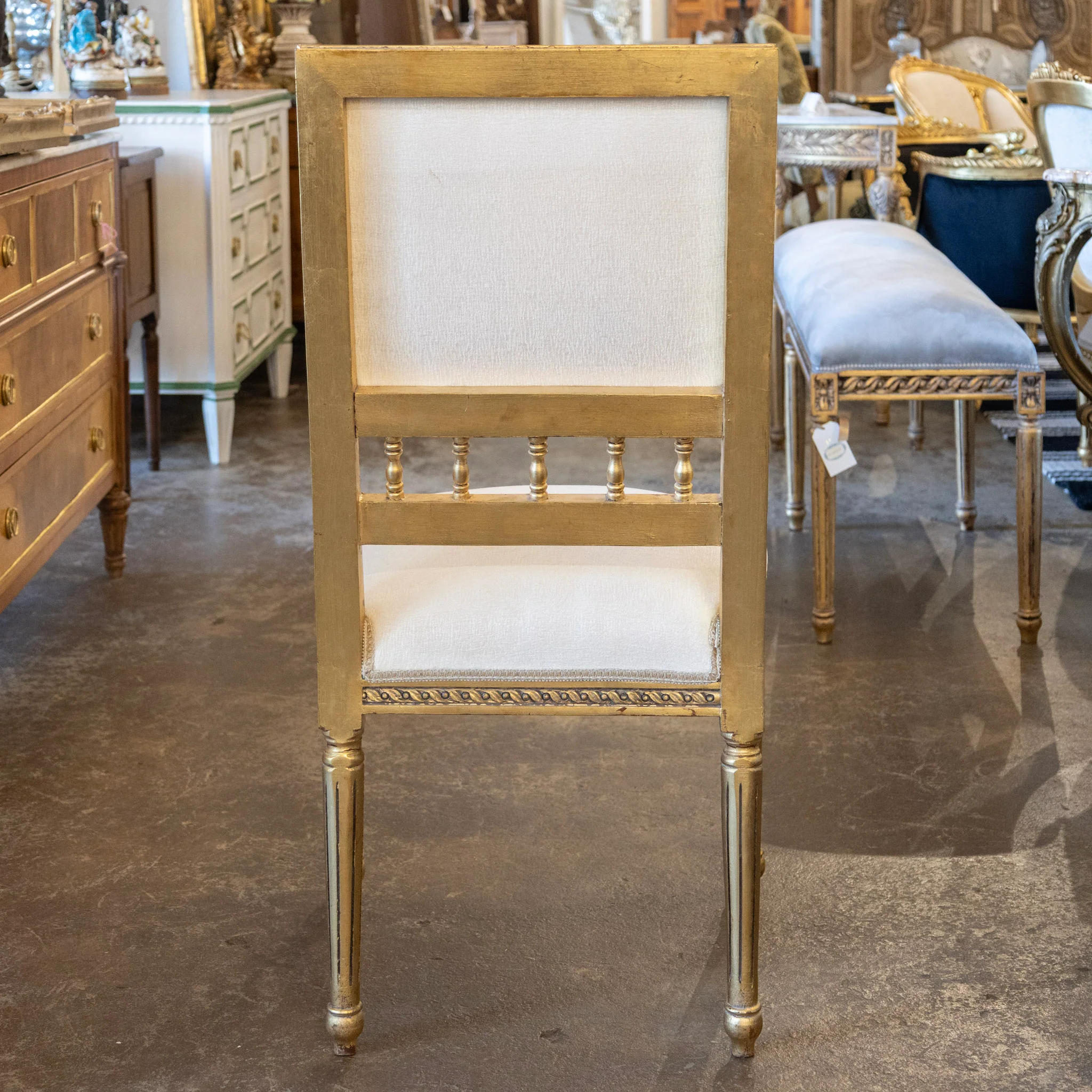 Louis XVI Square Open Back Gilded Dining Chair – White Silk-Weave Upholstery - Image 7
