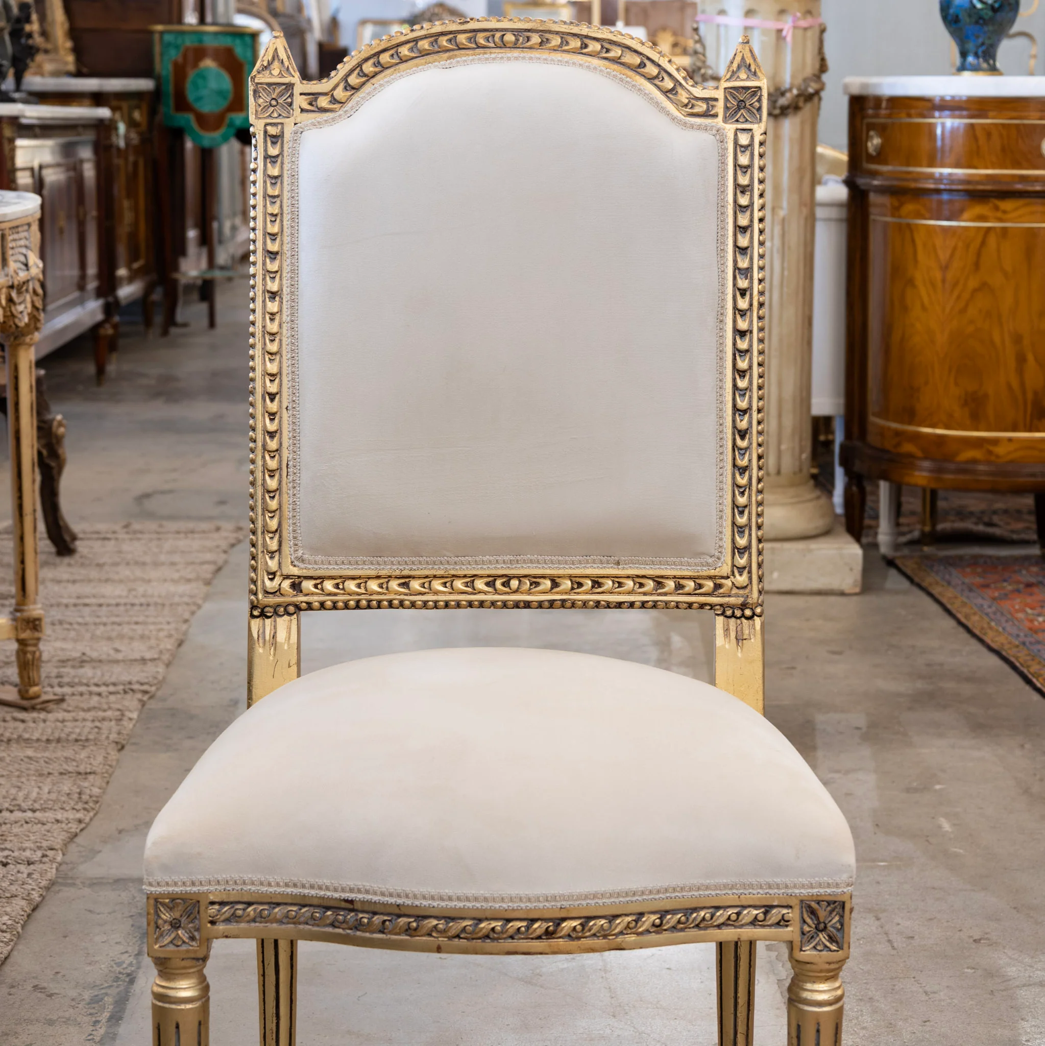 Louis XVI Gilded Square Dining Chair – Carved Trim with White Velvet Upholstery - Image 3