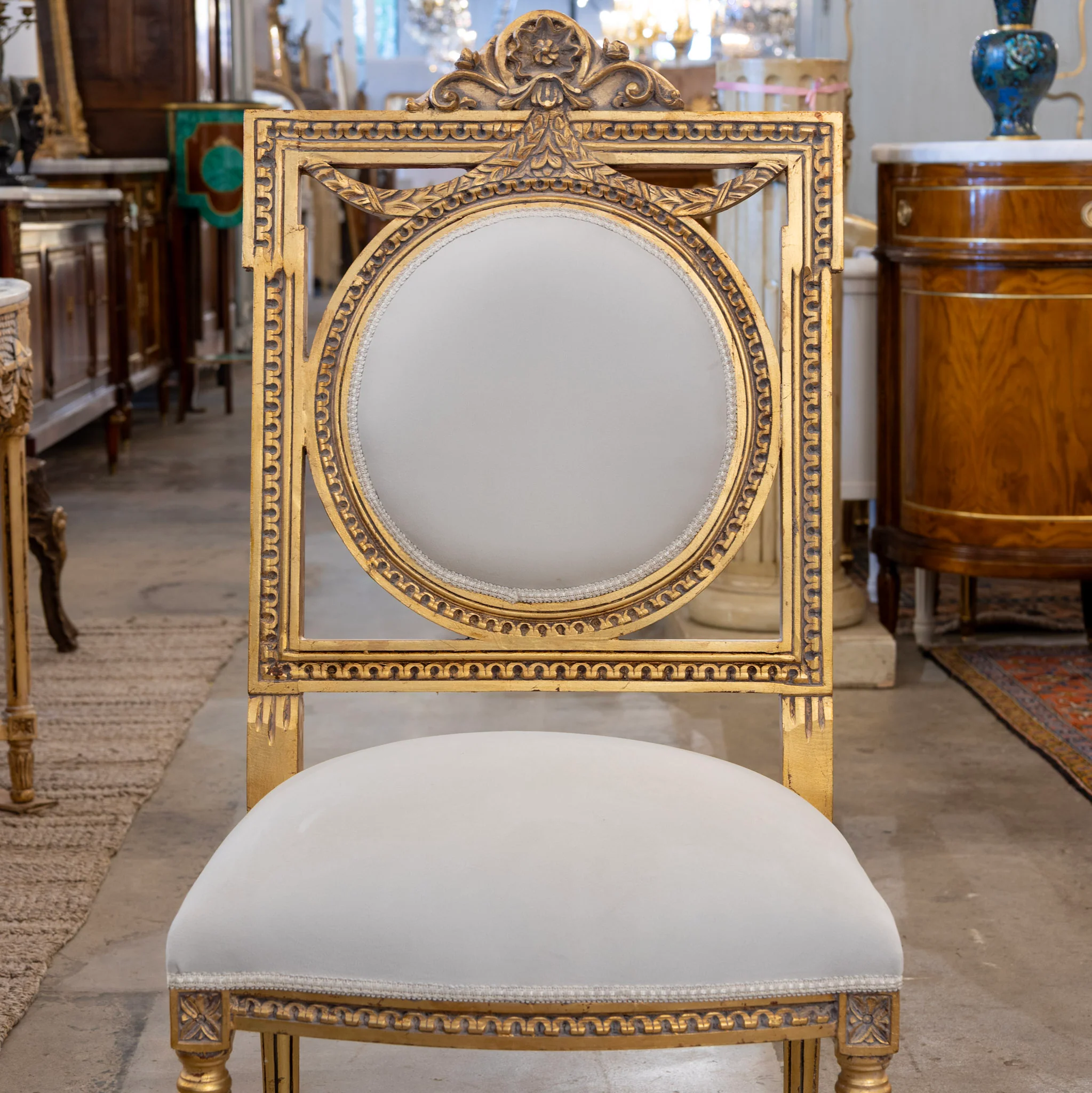 Louis XVI Square Open Back Gilded Dining Chair – White Velvet Upholstery - Image 3