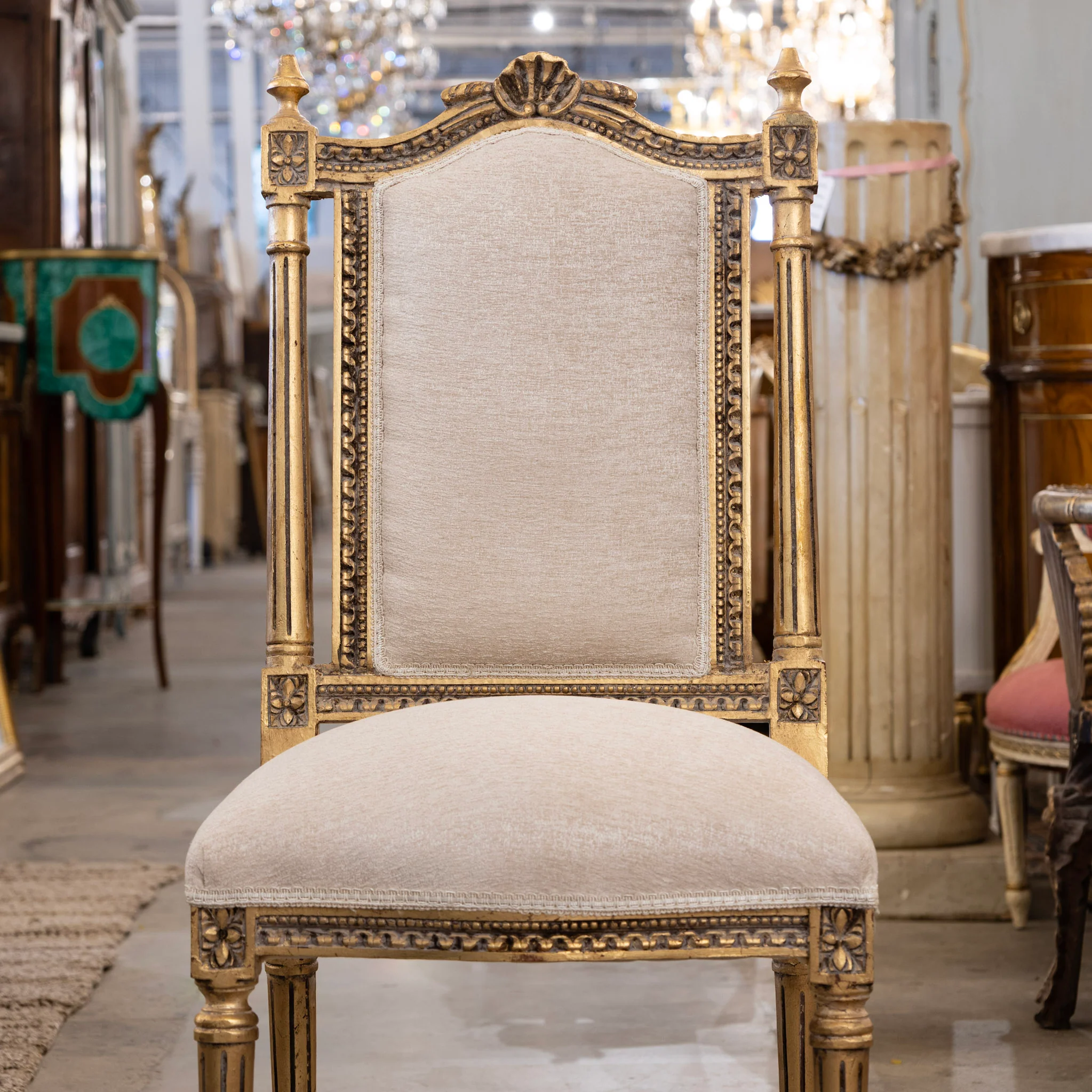 Louis XVI Gilded Square Dining Chair – Shell Crest & White Linen Upholstery - Image 3