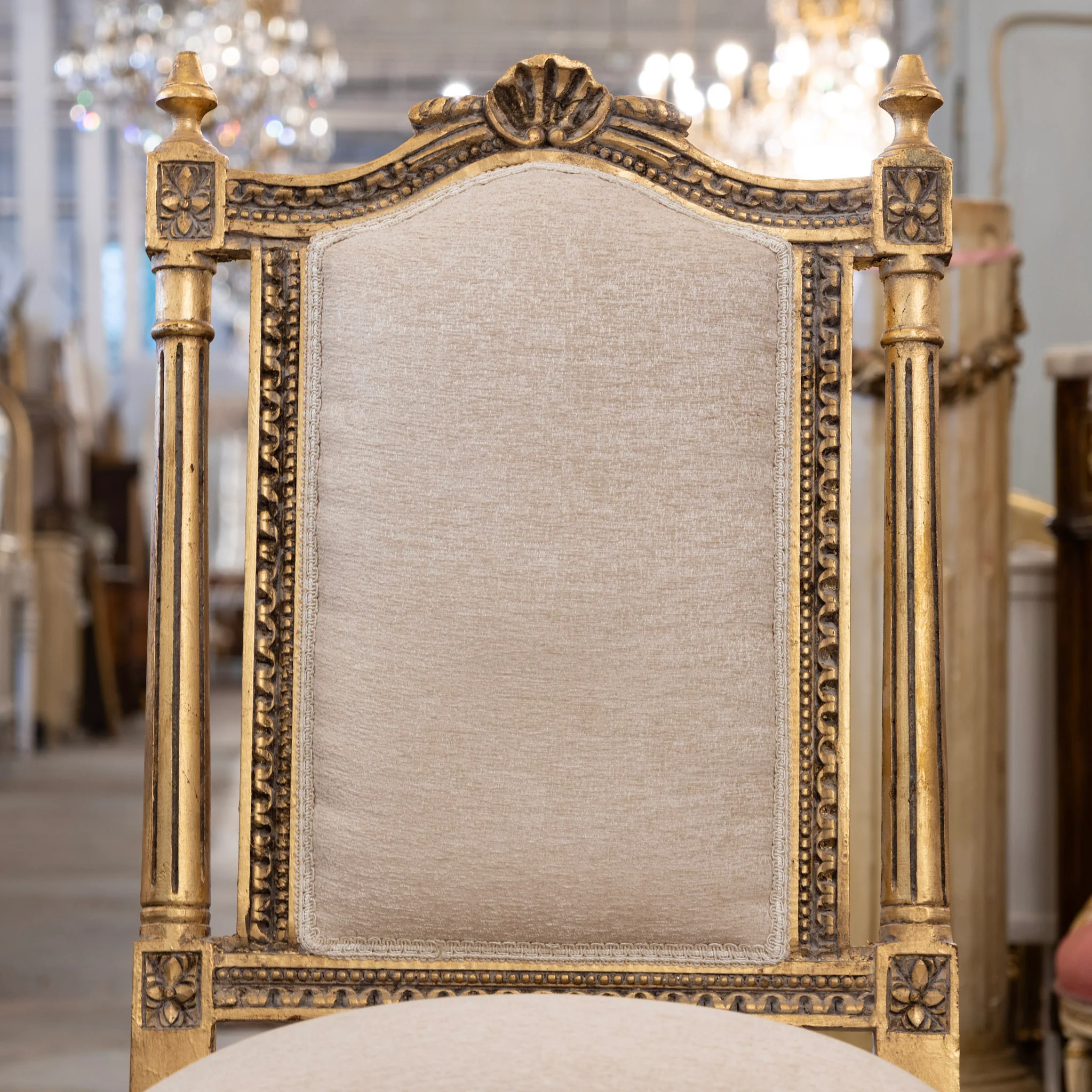 Louis XVI Gilded Square Dining Chair – Shell Crest & White Linen Upholstery - Image 4