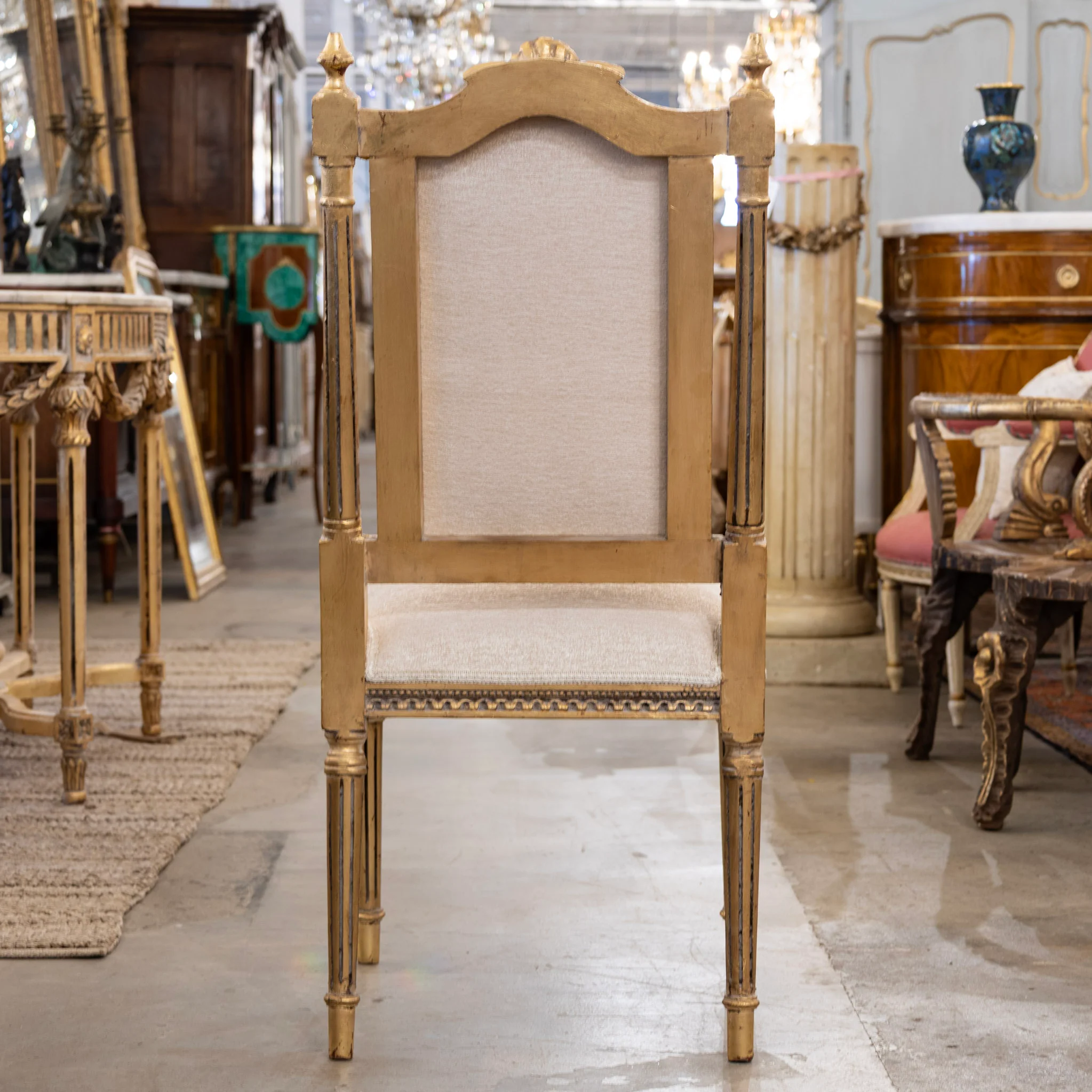 Louis XVI Gilded Square Dining Chair – Shell Crest & White Linen Upholstery - Image 6
