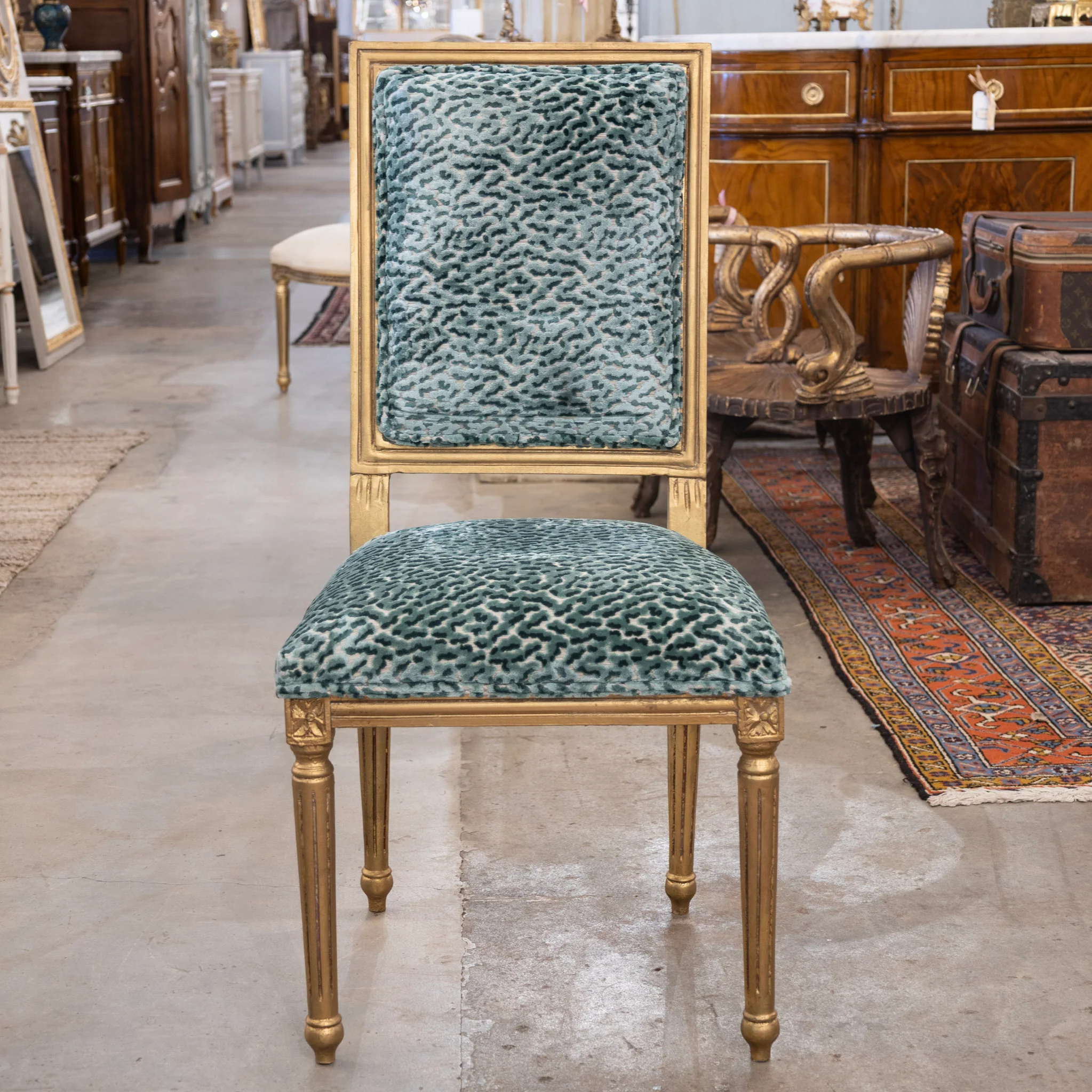 Louis XVI Gilded Square Dining Chair – Teal Leopard Patterned Velvet
