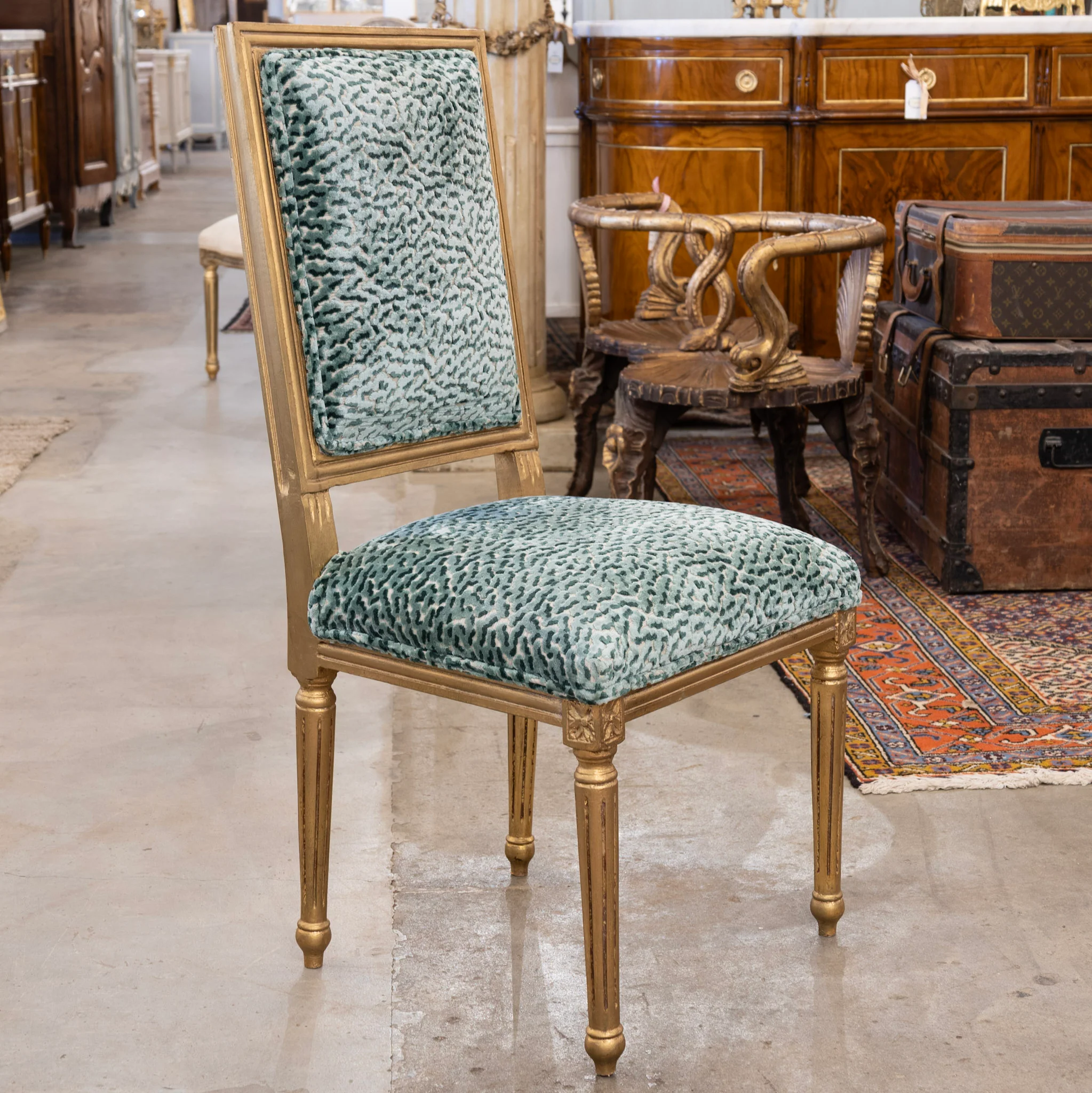 Louis XVI Gilded Square Dining Chair – Teal Leopard Patterned Velvet - Image 2
