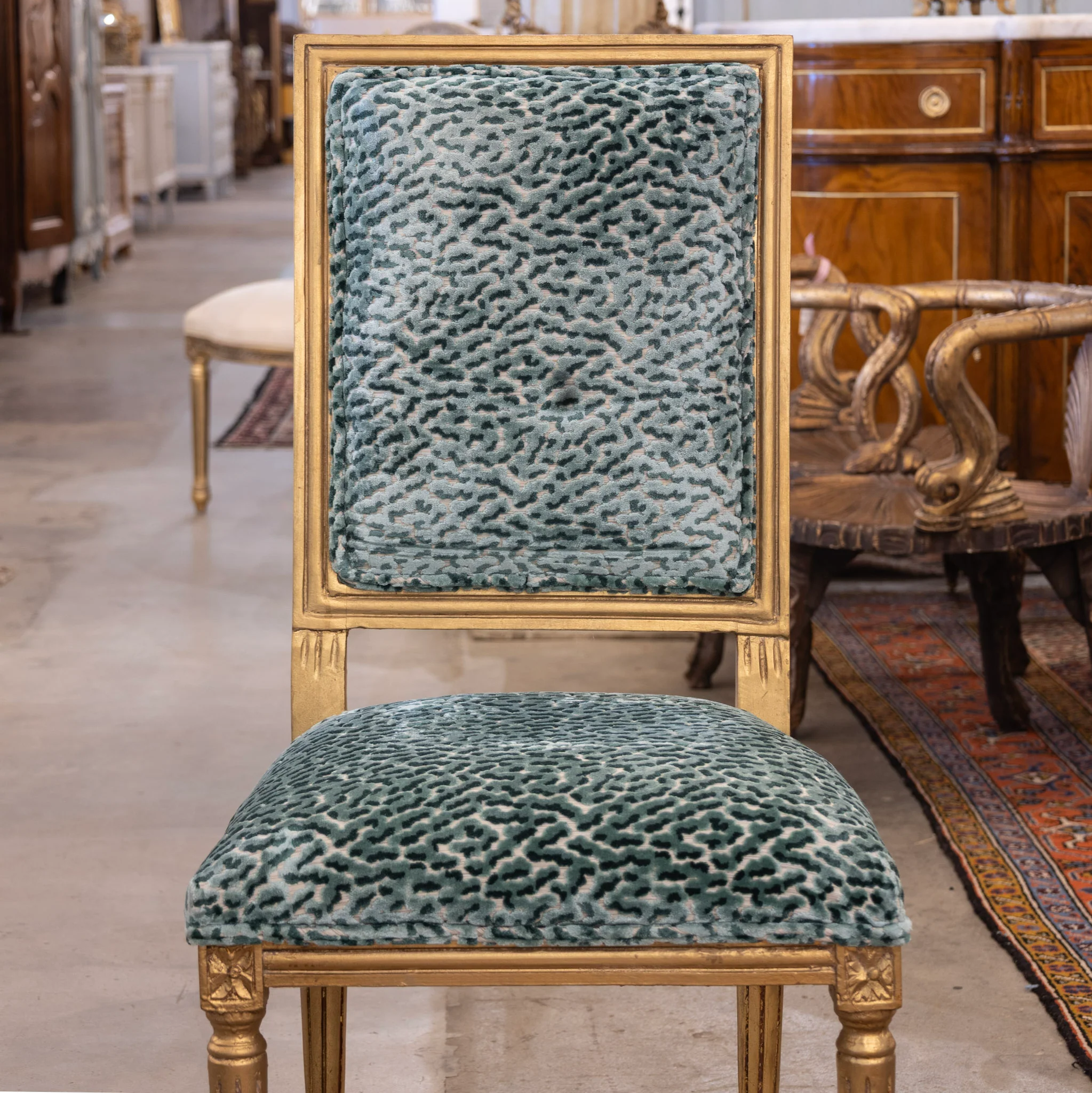 Louis XVI Gilded Square Dining Chair – Teal Leopard Patterned Velvet - Image 3