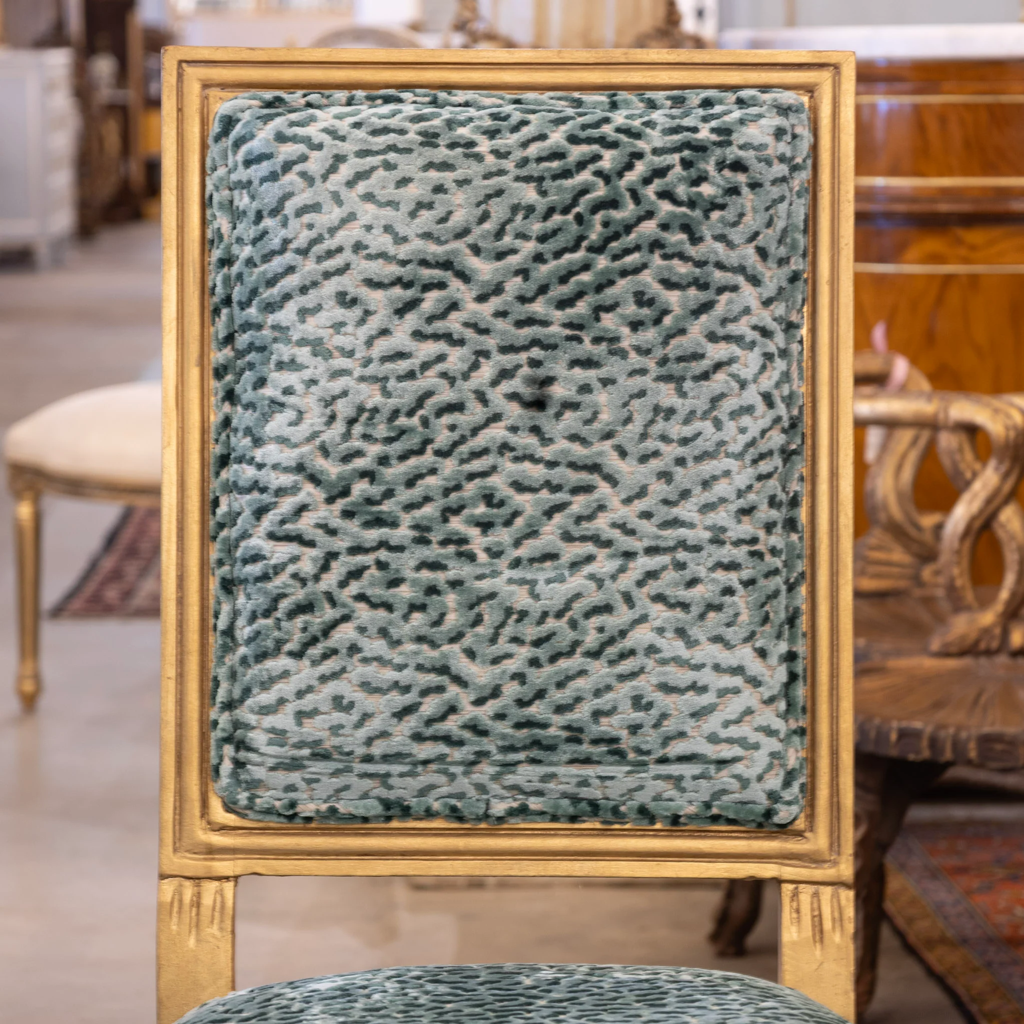 Louis XVI Gilded Square Dining Chair – Teal Leopard Patterned Velvet - Image 4