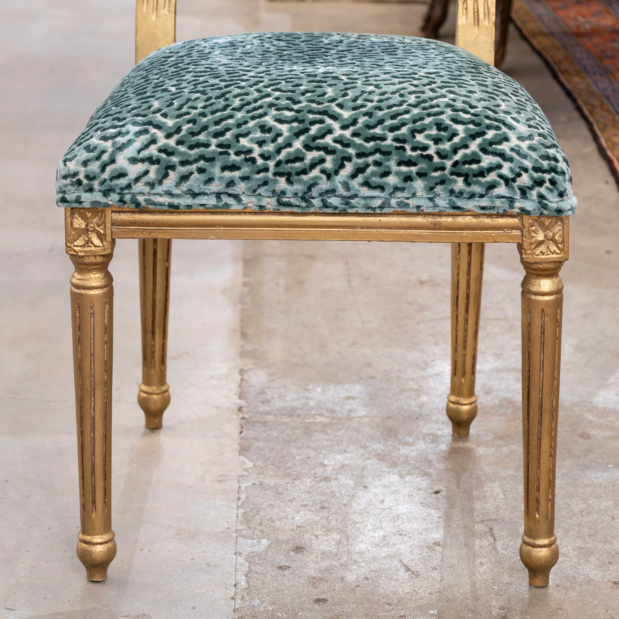 Louis XVI Gilded Square Dining Chair – Teal Leopard Patterned Velvet - Image 5