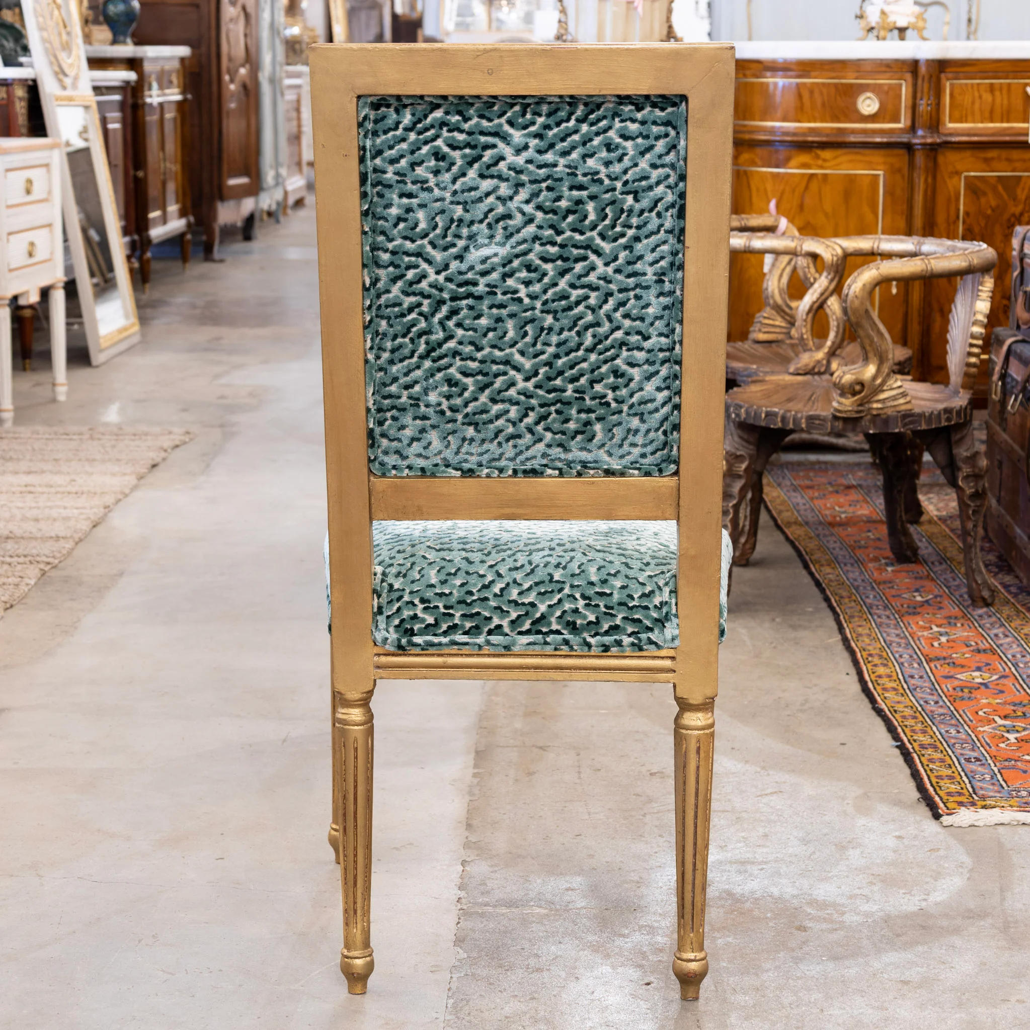 Louis XVI Gilded Square Dining Chair – Teal Leopard Patterned Velvet - Image 6