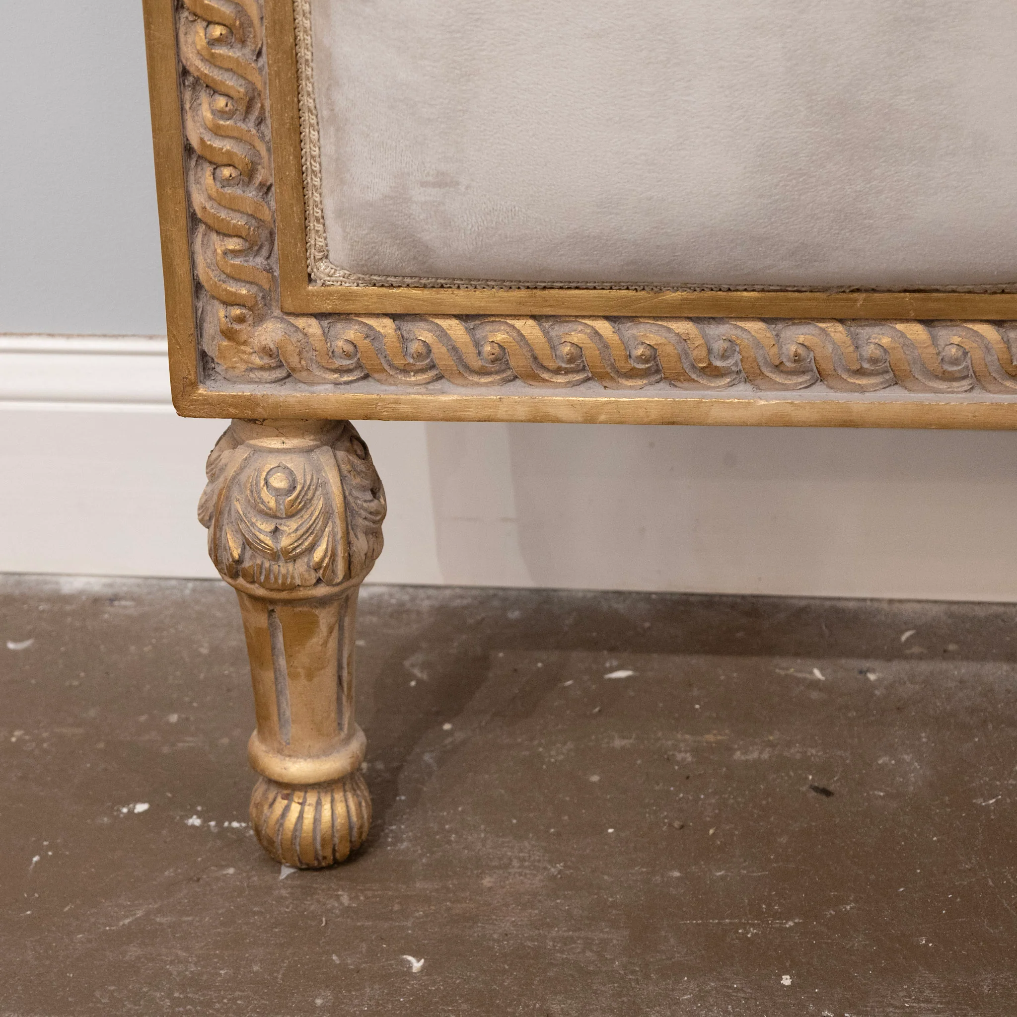 Louis XVI Gilded King Size Headboard – Rope Trim with Light Grey Velvet & Embroidered Back - Image 6