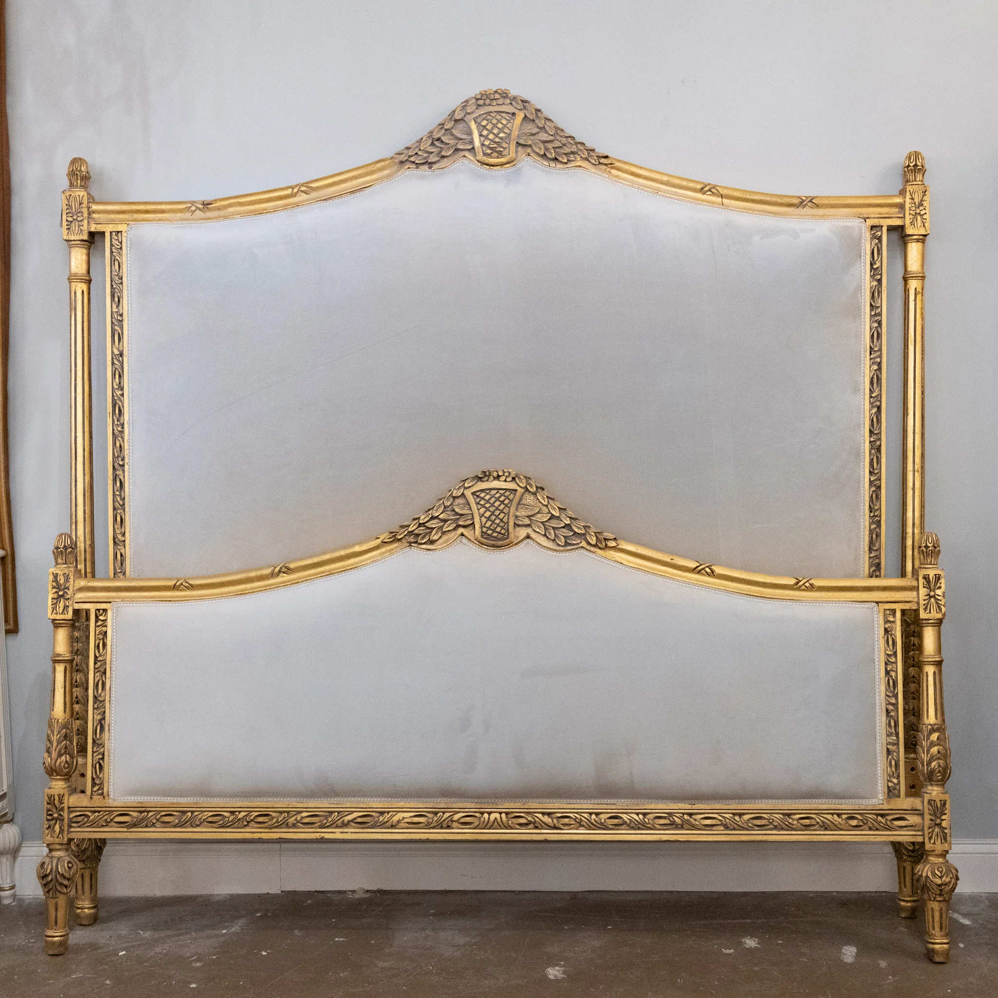 Louis XVI Gilded King Bed Set with Carved Crest – Grey Velvet Upholstery