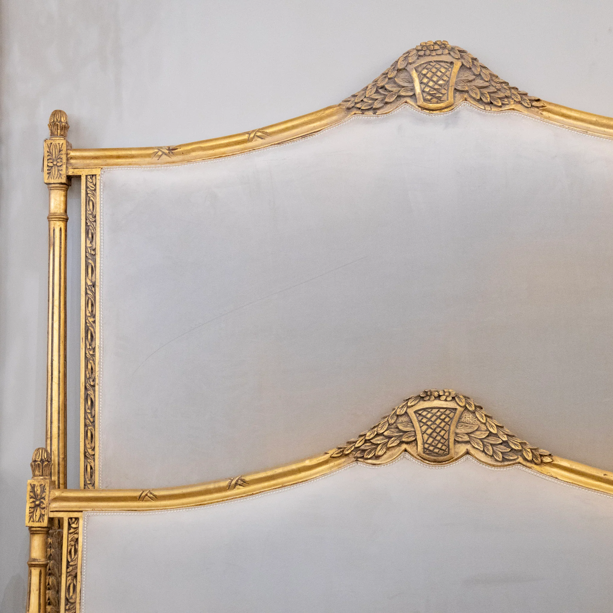 Louis XVI Gilded King Bed Set with Carved Crest – Grey Velvet Upholstery - Image 2