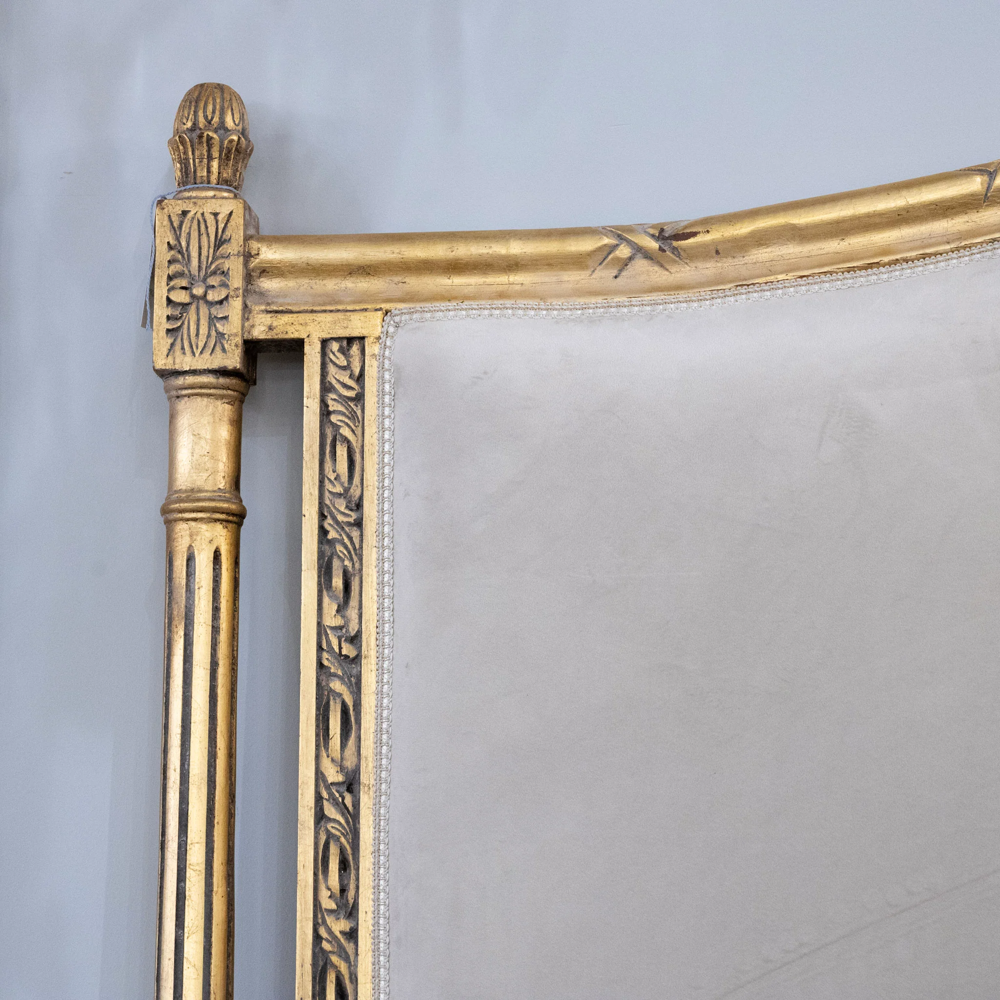 Louis XVI Gilded King Bed Set with Carved Crest – Grey Velvet Upholstery - Image 5