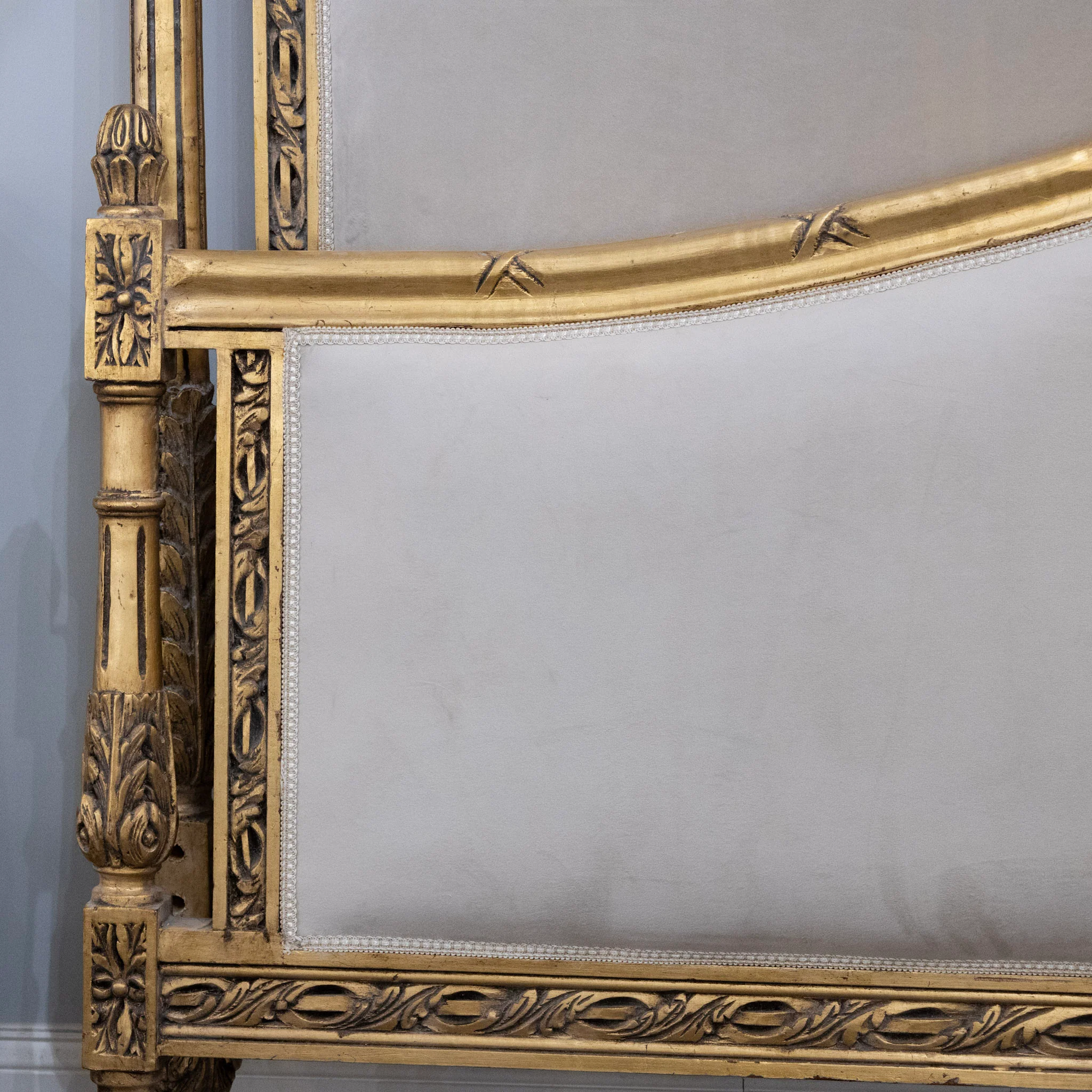 Louis XVI Gilded King Bed Set with Carved Crest – Grey Velvet Upholstery - Image 6