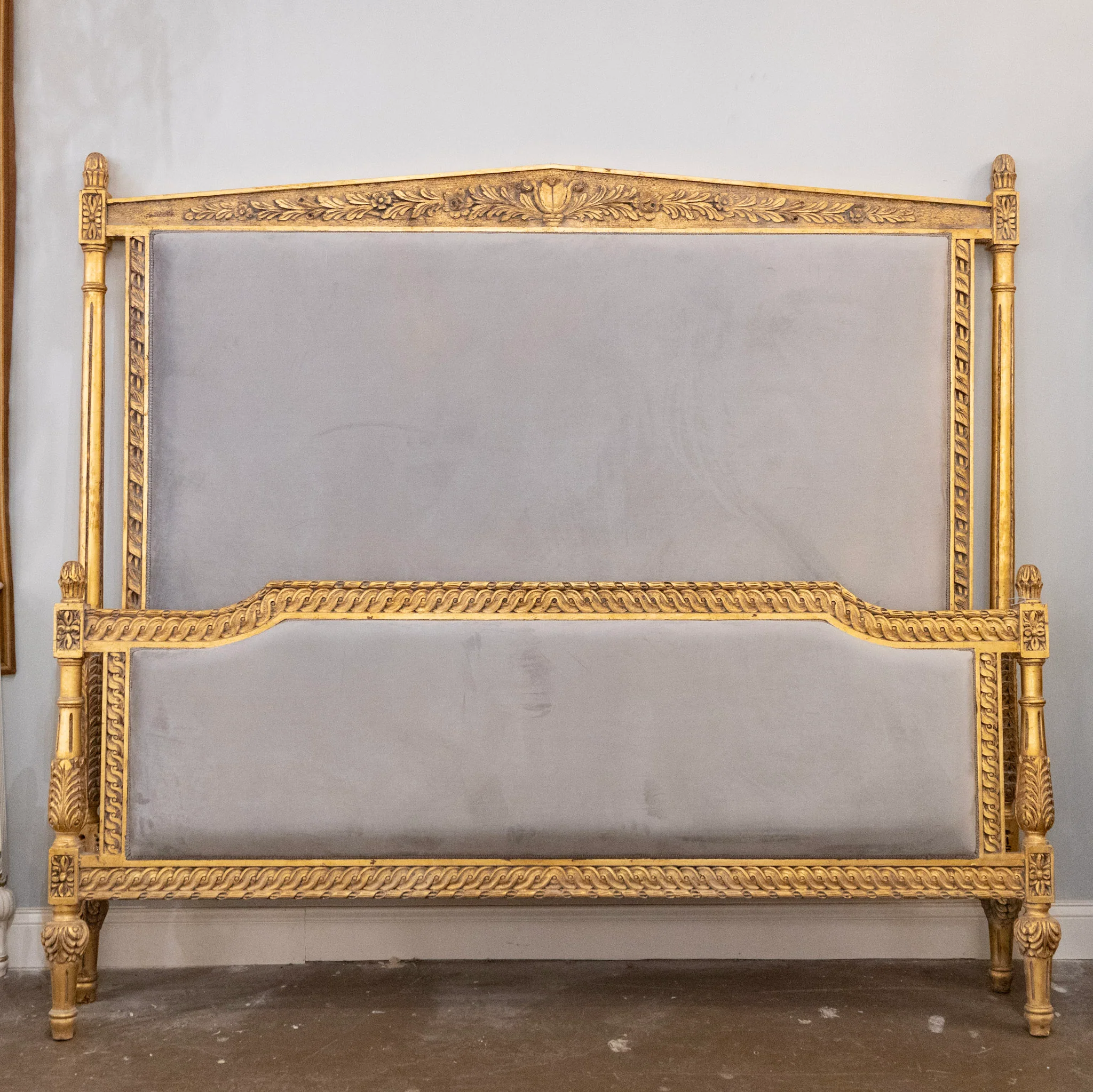 Louis XVI Gilded King Bed Set with Carved Trim – Blue-Grey Velvet Upholstery