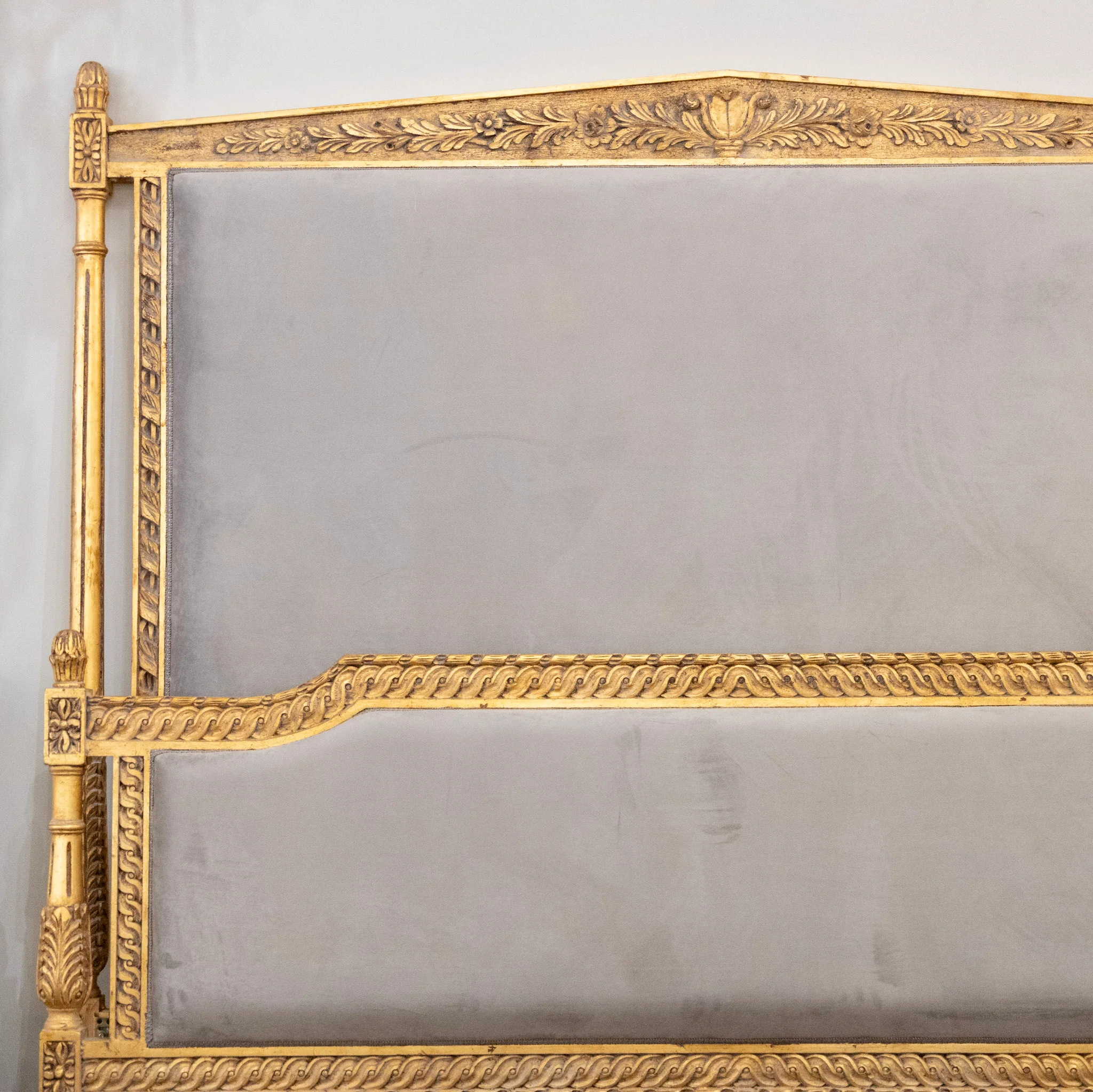 Louis XVI Gilded King Bed Set with Carved Trim – Blue-Grey Velvet Upholstery - Image 2