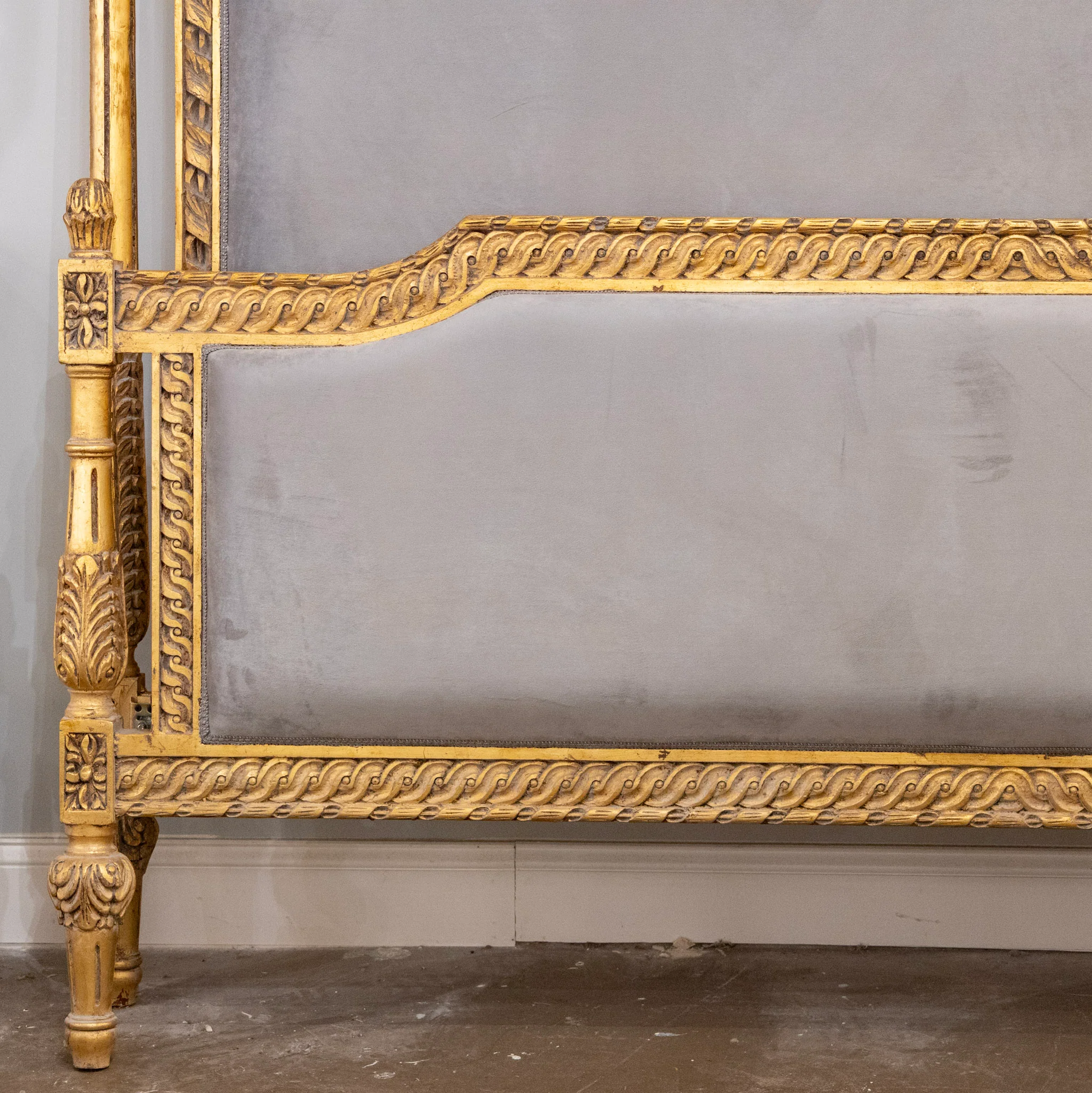 Louis XVI Gilded King Bed Set with Carved Trim – Blue-Grey Velvet Upholstery - Image 3