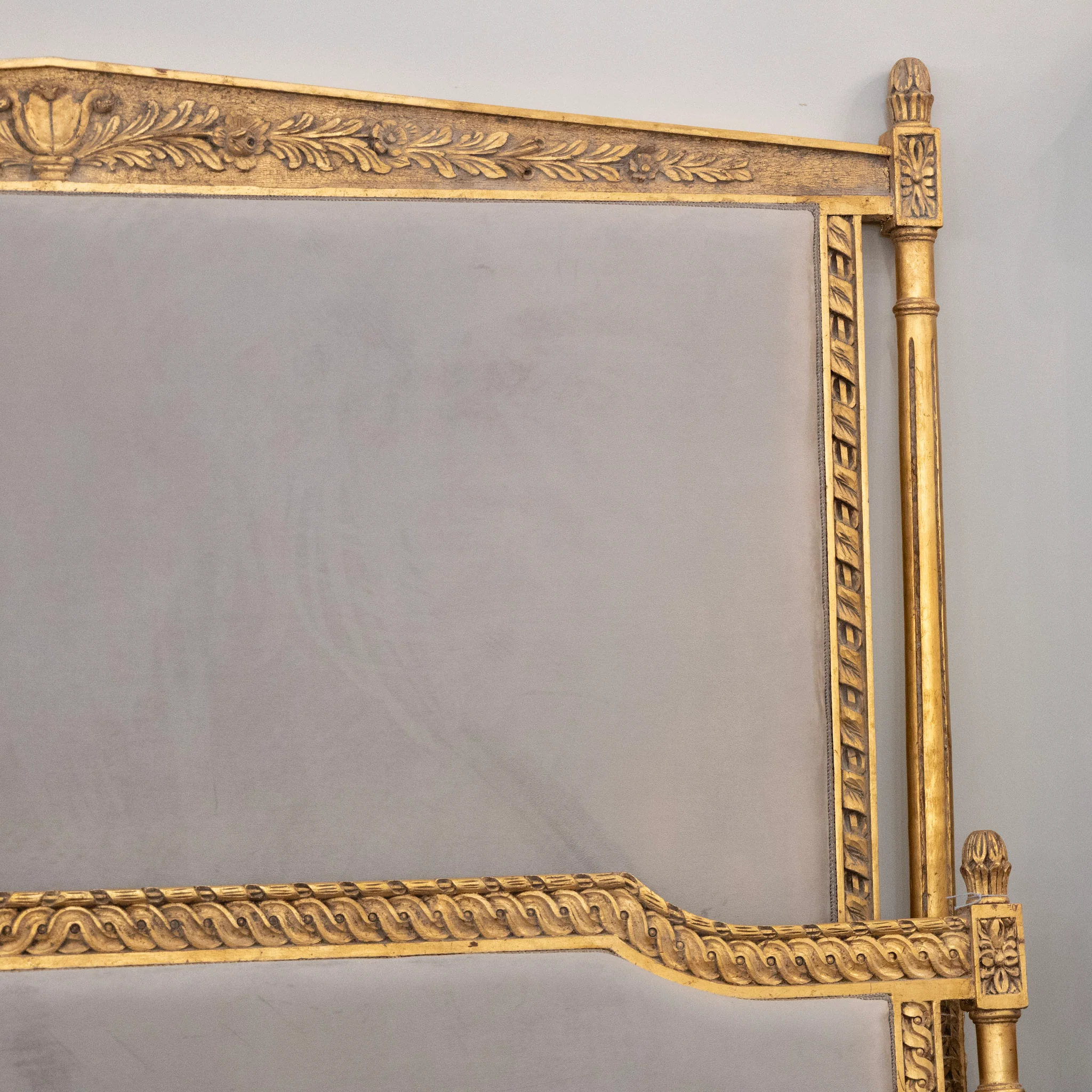 Louis XVI Gilded King Bed Set with Carved Trim – Blue-Grey Velvet Upholstery - Image 4