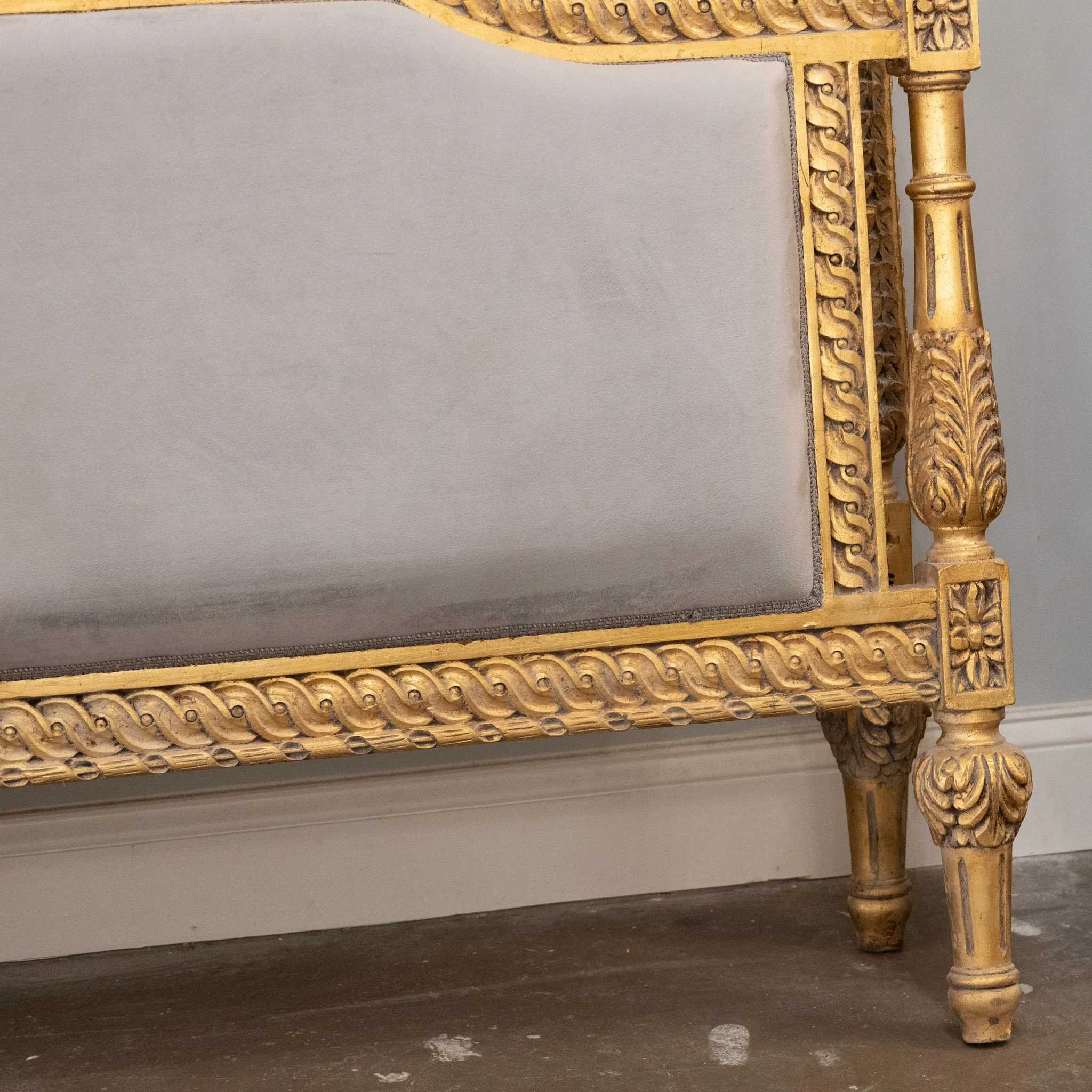 Louis XVI Gilded King Bed Set with Carved Trim – Blue-Grey Velvet Upholstery - Image 7