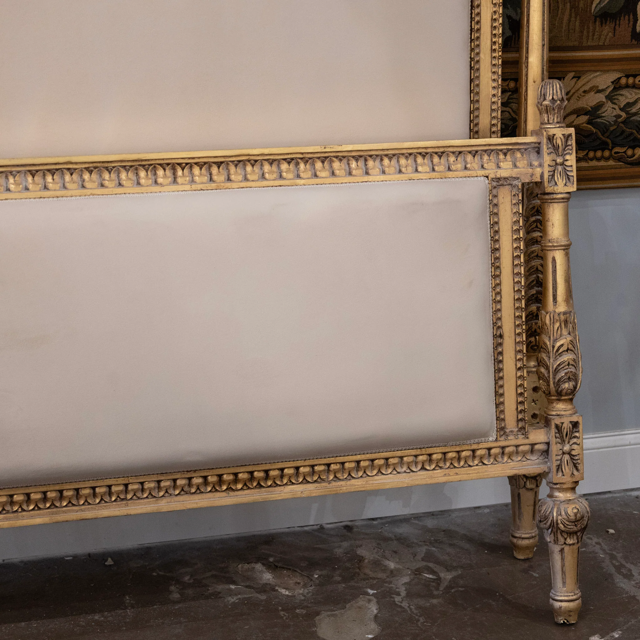 Louis XVI Gilded King Size Bed Set – Carved Frame & Posts with Cream Velvet - Image 3