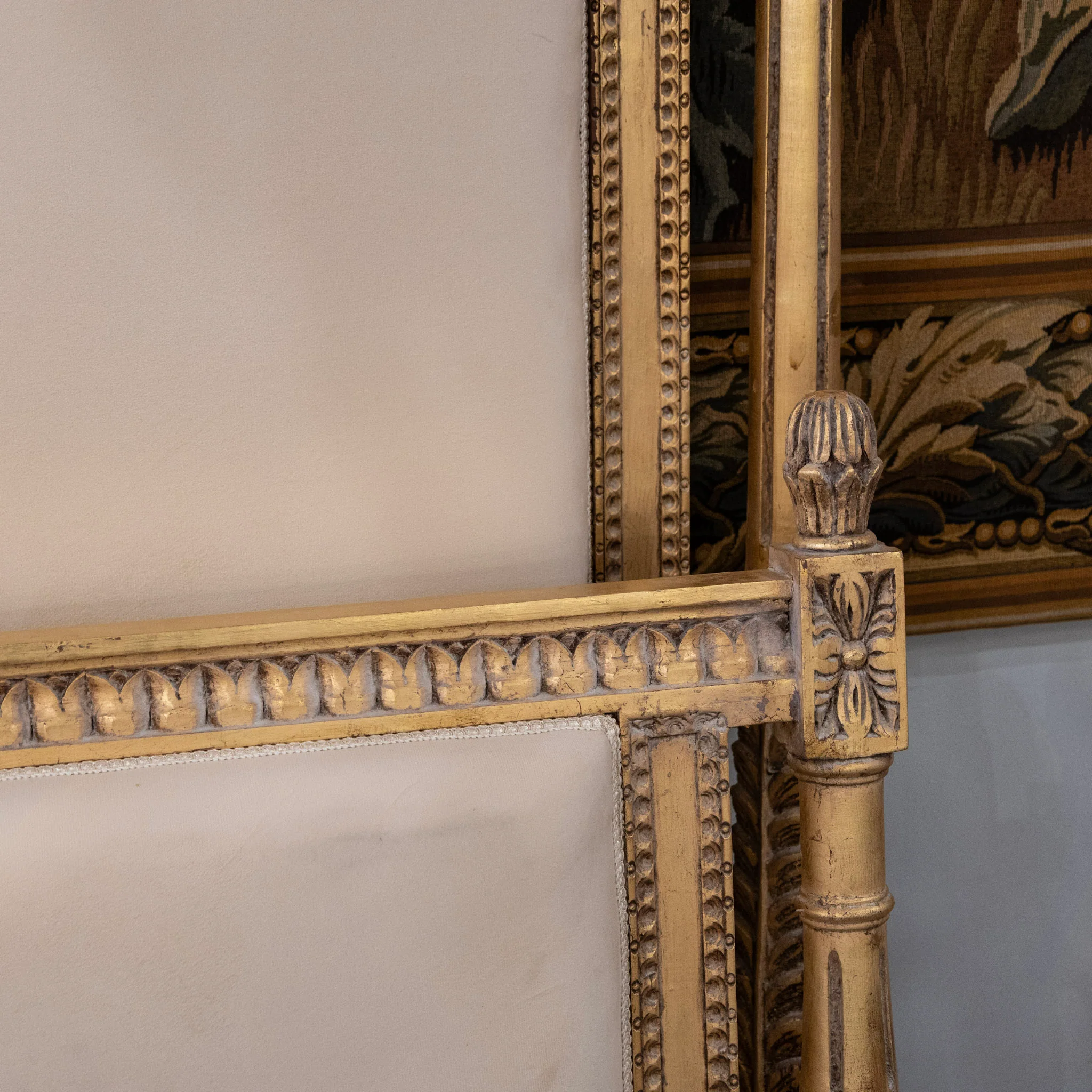 Louis XVI Gilded King Size Bed Set – Carved Frame & Posts with Cream Velvet - Image 4