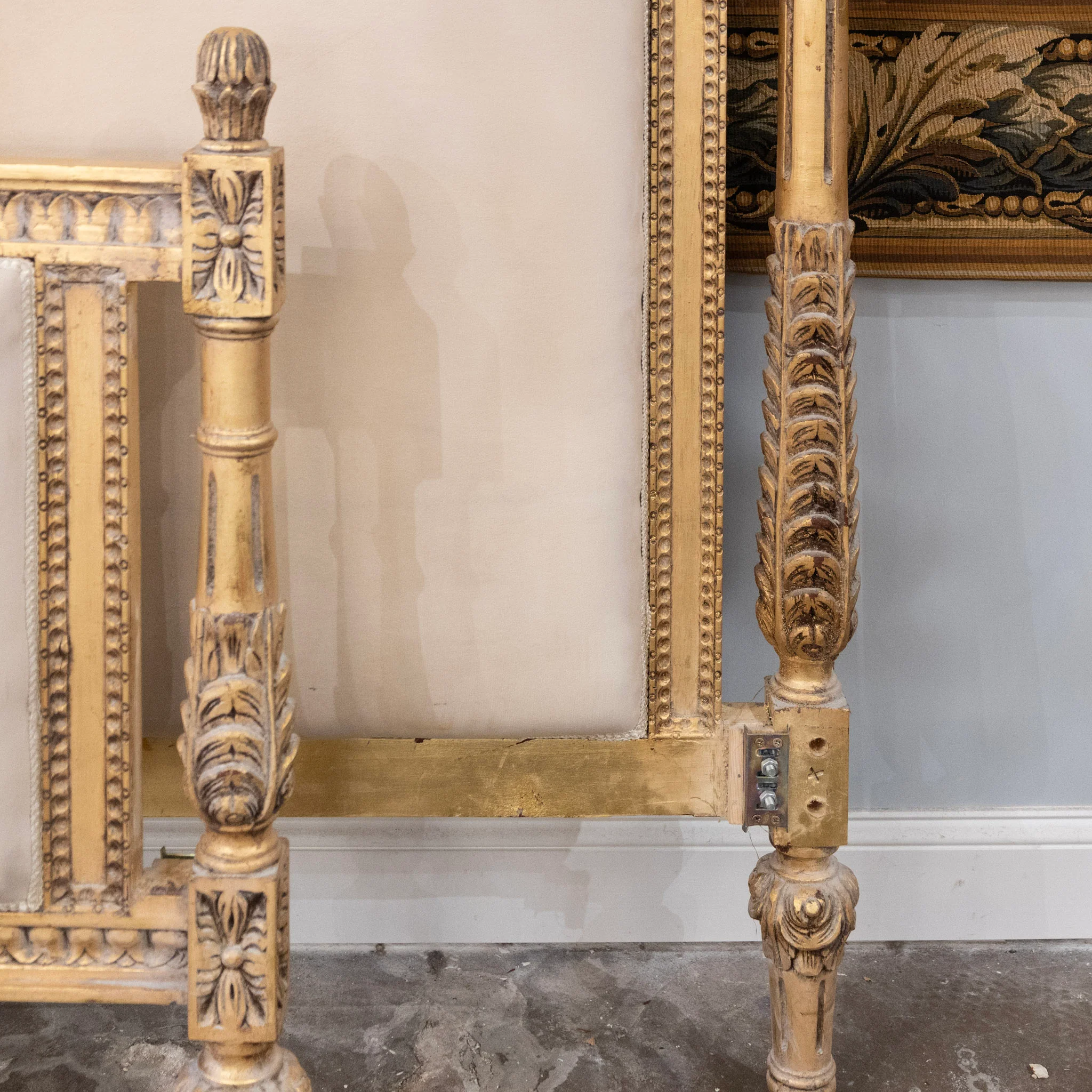 Louis XVI Gilded King Size Bed Set – Carved Frame & Posts with Cream Velvet - Image 9