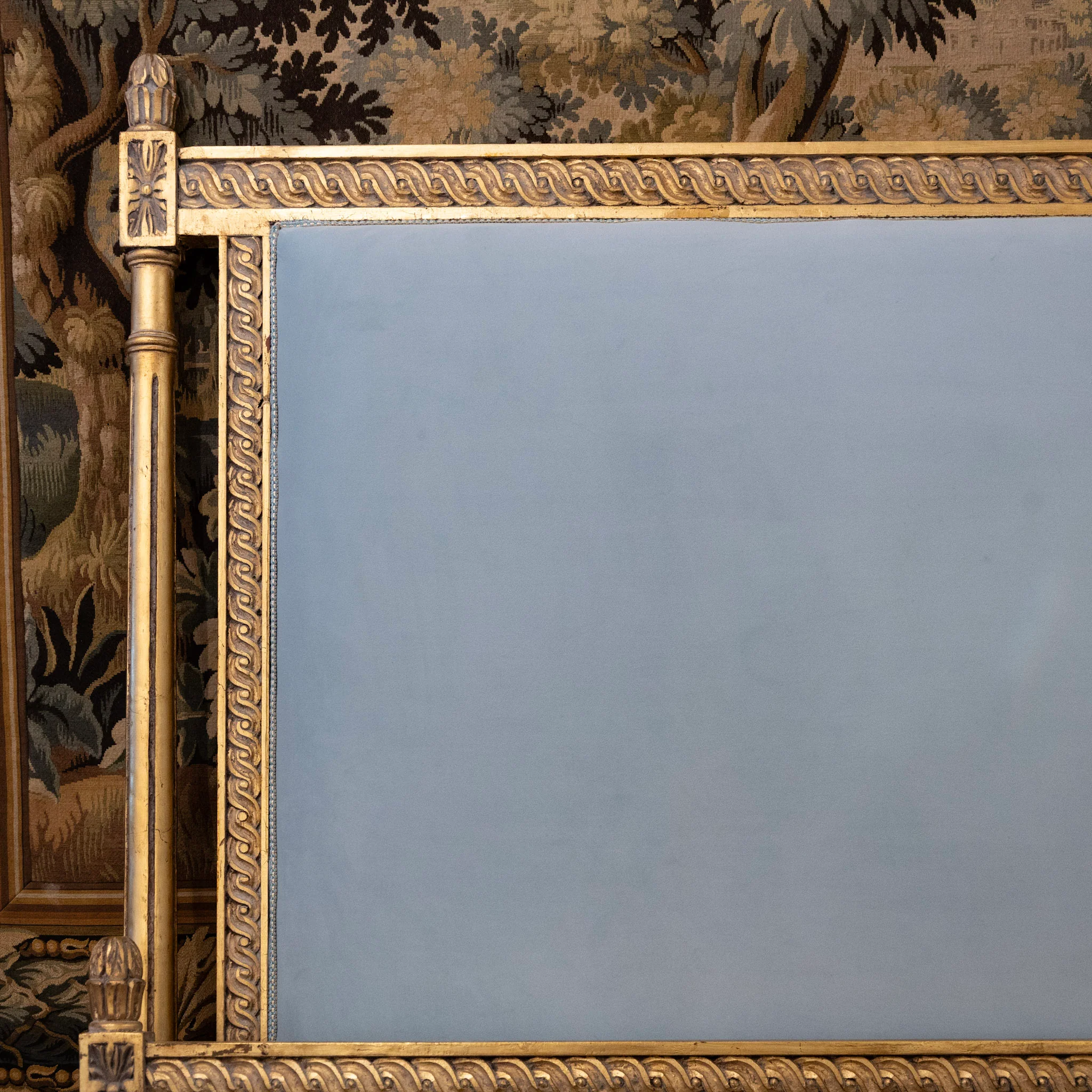 Louis XVI Gilded King Size Bed Set – Carved Frame & Posts with Powder Blue Velvet - Image 3