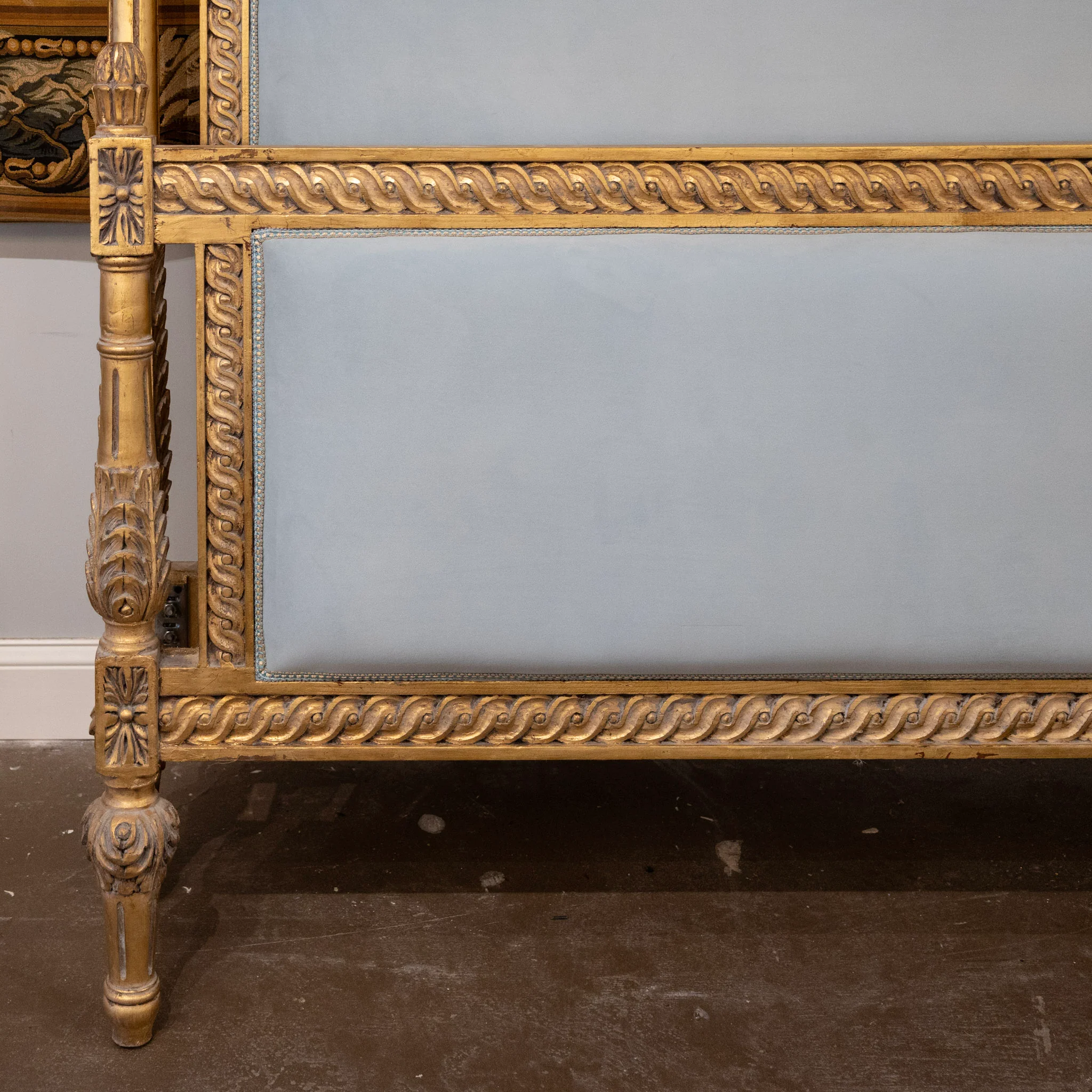 Louis XVI Gilded King Size Bed Set – Carved Frame & Posts with Powder Blue Velvet - Image 4