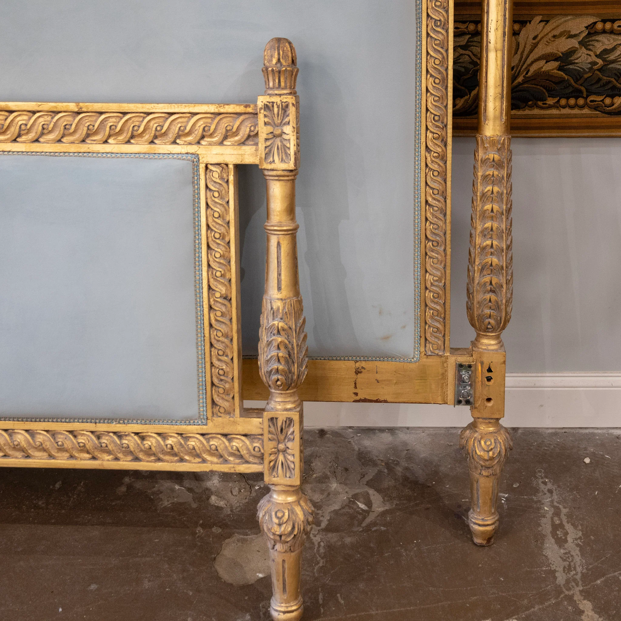 Louis XVI Gilded King Size Bed Set – Carved Frame & Posts with Powder Blue Velvet - Image 7