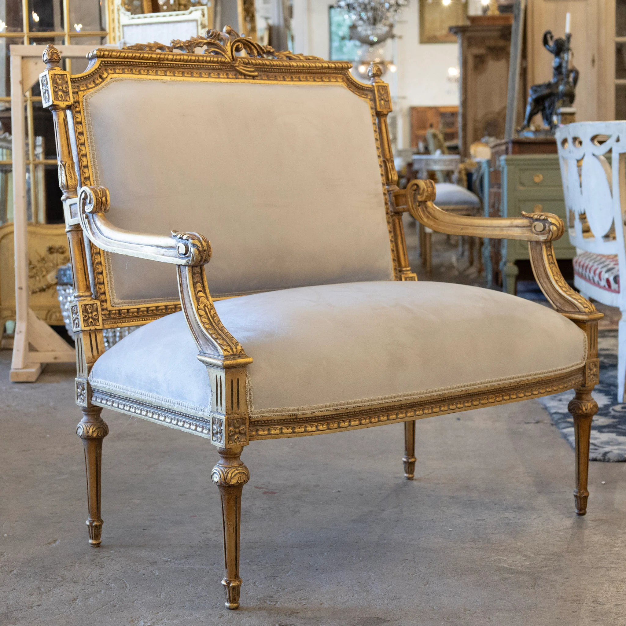 Louis XVI Gilded Loveseat Sofa – Two-Tone Carved Frame & Soft Grey Velvet Upholstery - Image 2