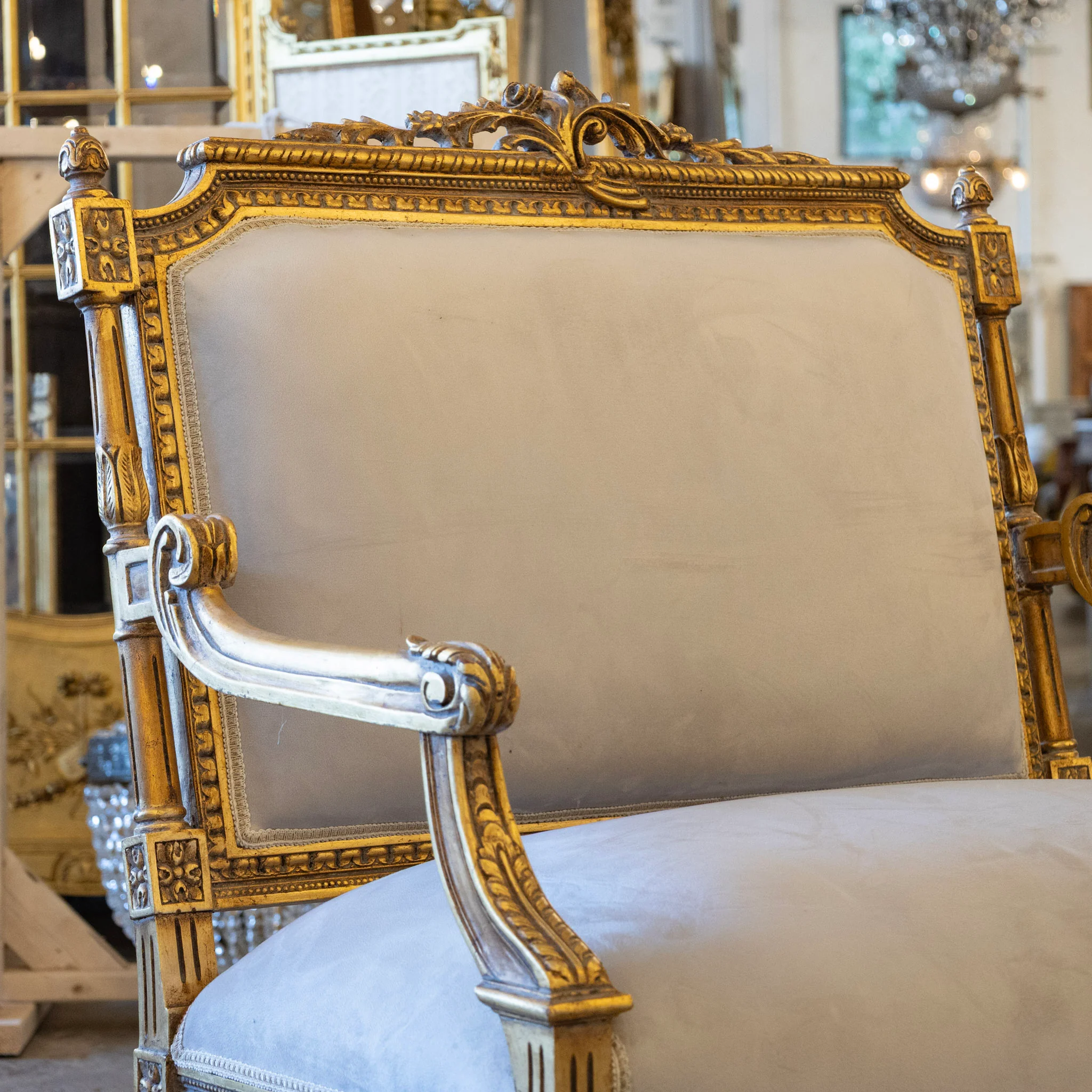 Louis XVI Gilded Loveseat Sofa – Two-Tone Carved Frame & Soft Grey Velvet Upholstery - Image 3