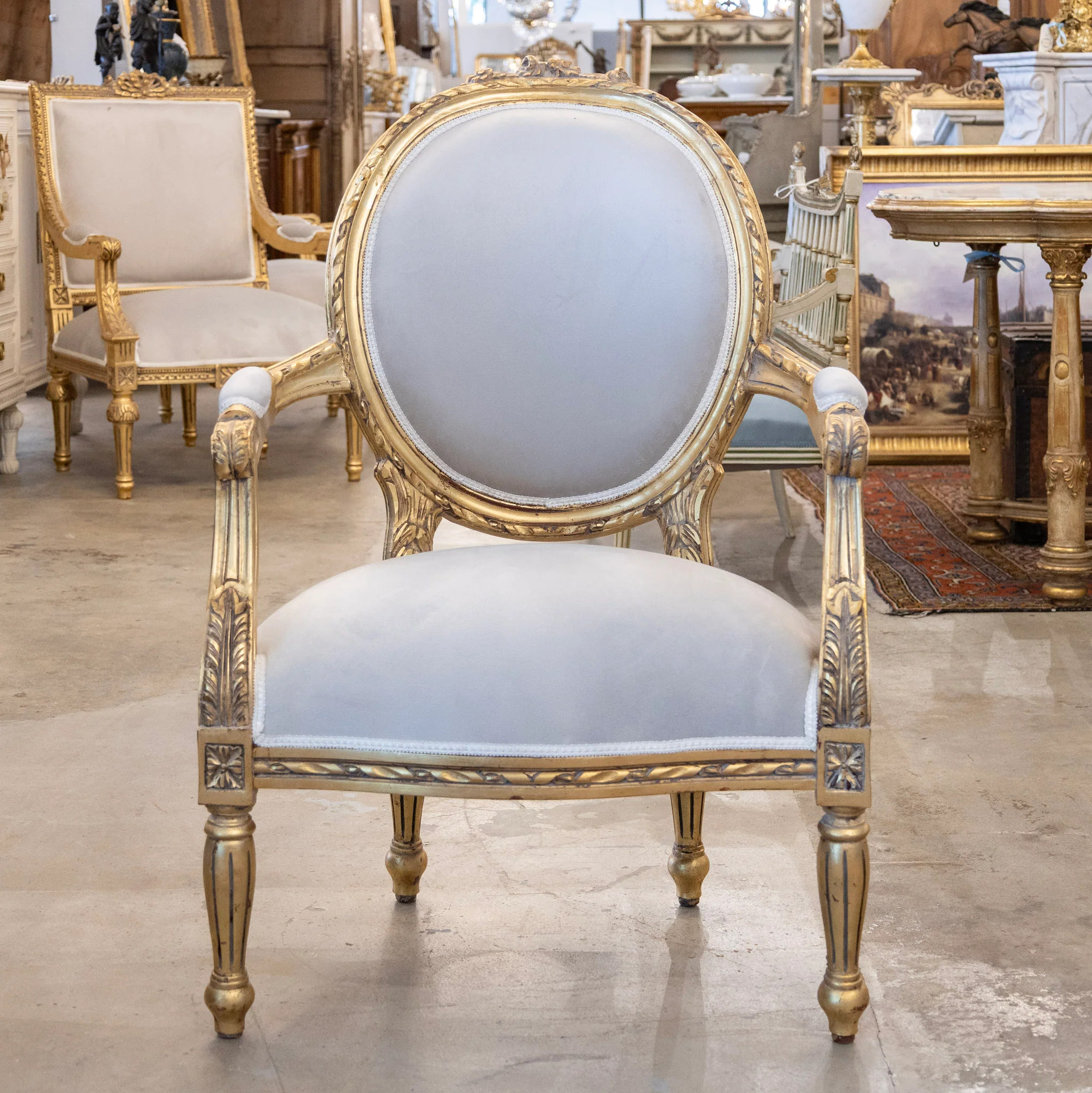 Pair of Louis XVI Gilded Oval Arm Chairs – Light Gray Velvet Upholstery - Image 2