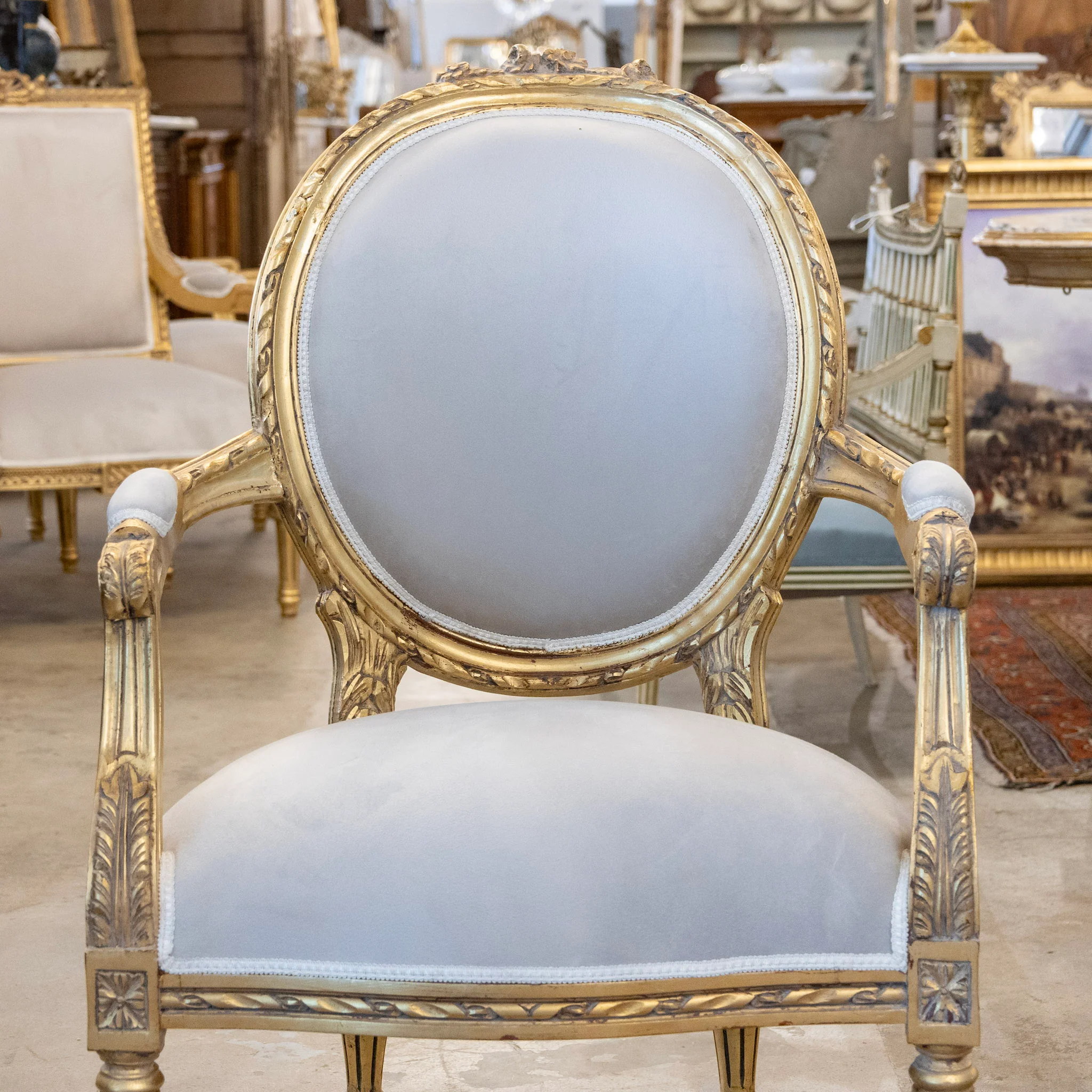 Pair of Louis XVI Gilded Oval Arm Chairs – Light Gray Velvet Upholstery - Image 3