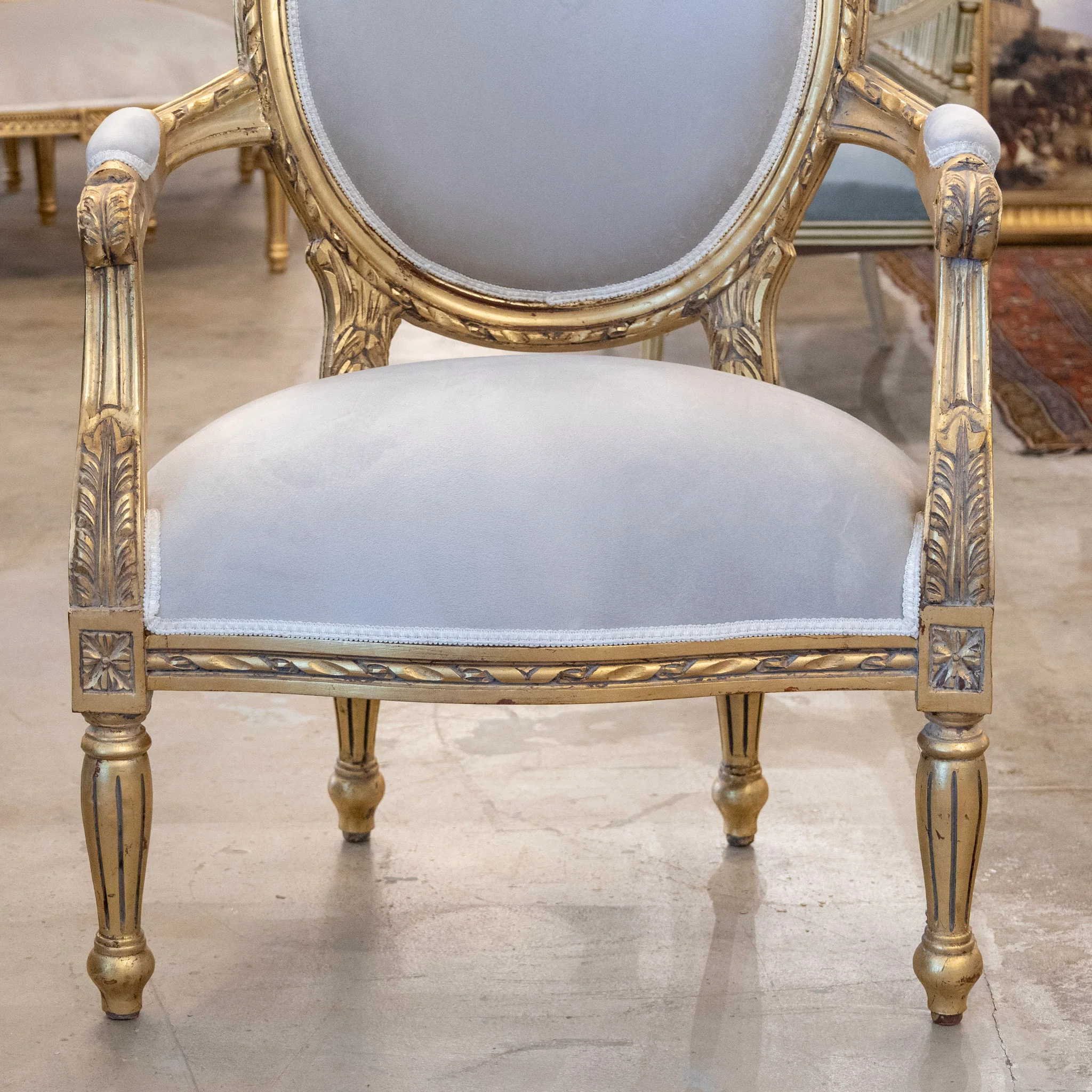 Pair of Louis XVI Gilded Oval Arm Chairs – Light Gray Velvet Upholstery - Image 4