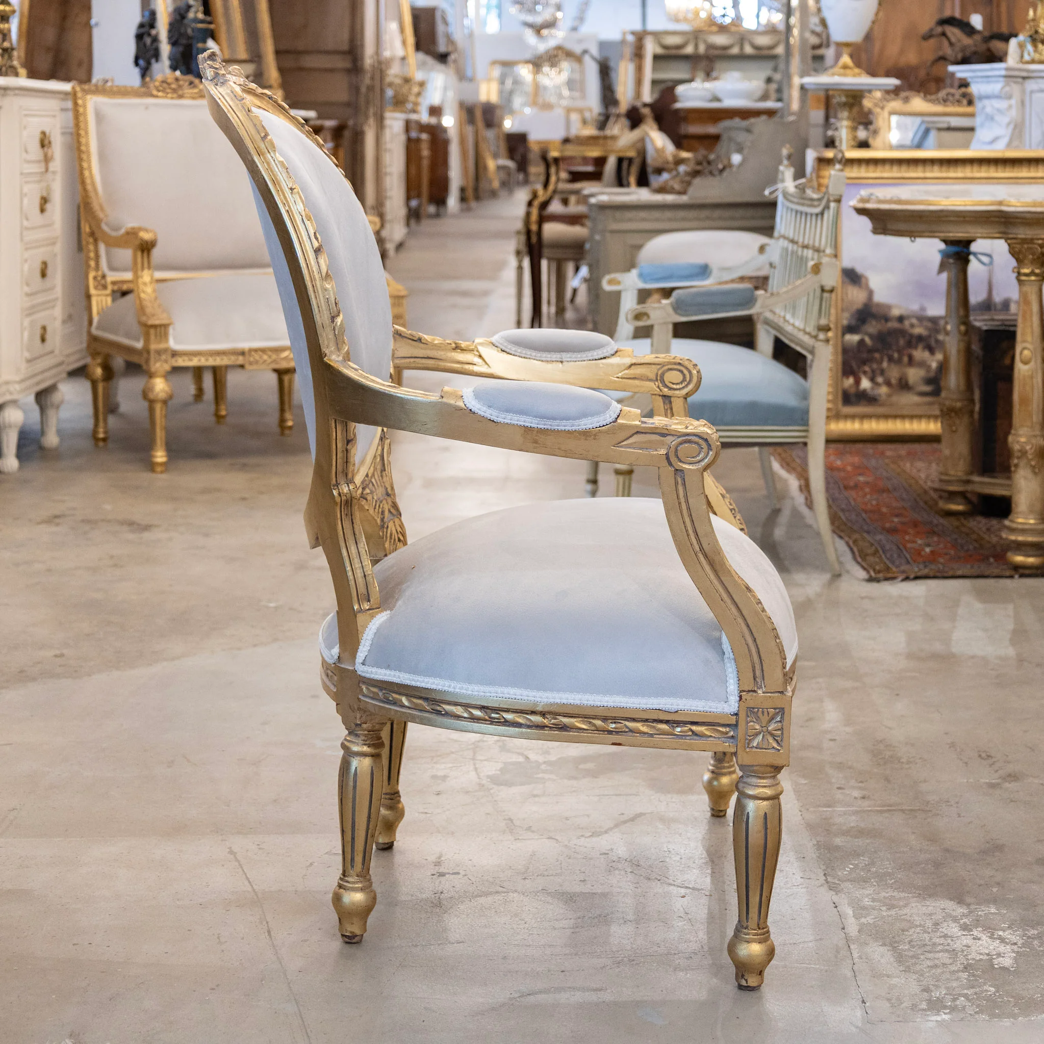 Pair of Louis XVI Gilded Oval Arm Chairs – Light Gray Velvet Upholstery - Image 5