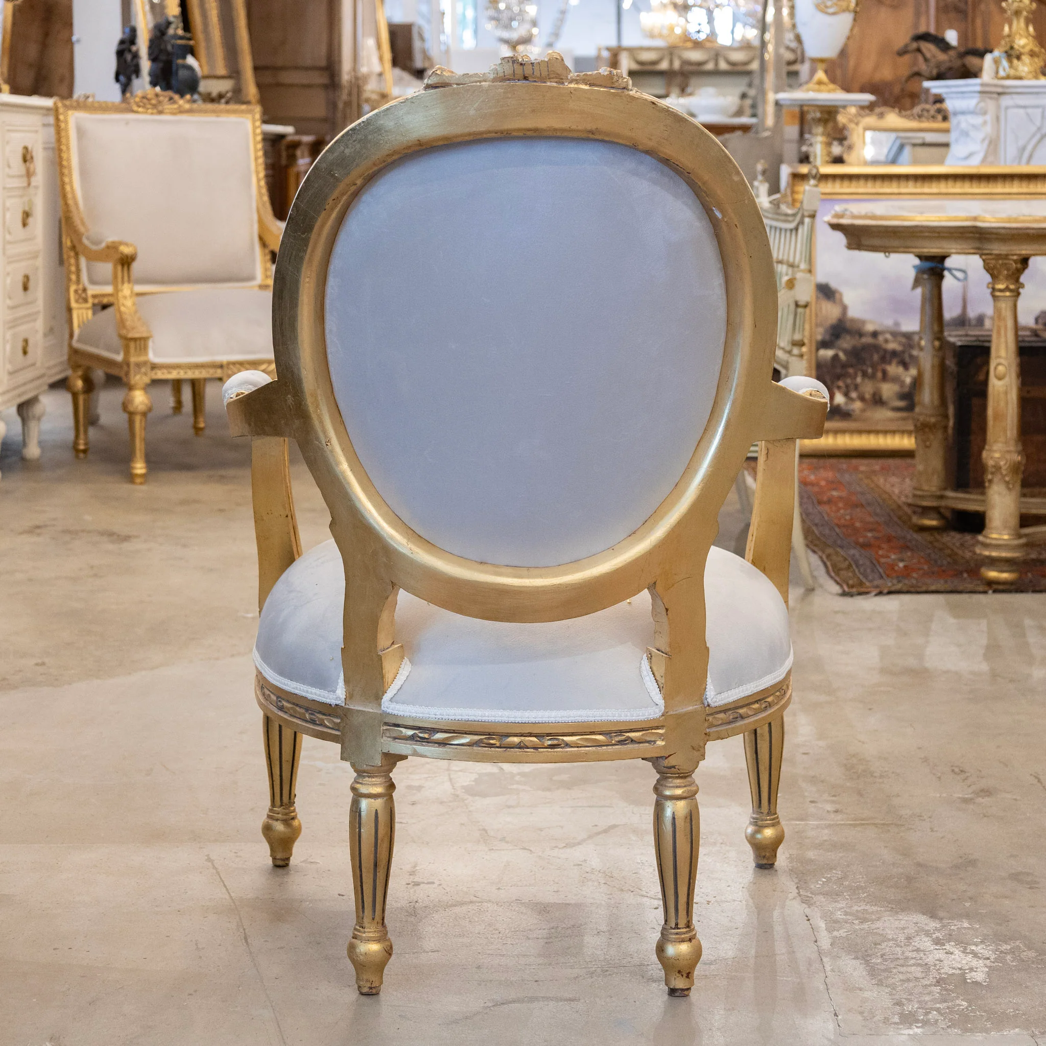 Pair of Louis XVI Gilded Oval Arm Chairs – Light Gray Velvet Upholstery - Image 7