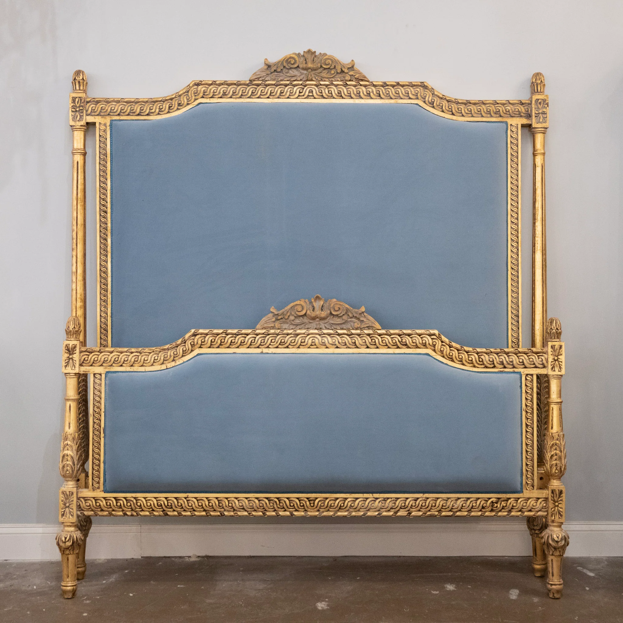 Louis XVI Gilded Queen Bed Set with Carved Trim – Blue Velvet Upholstery