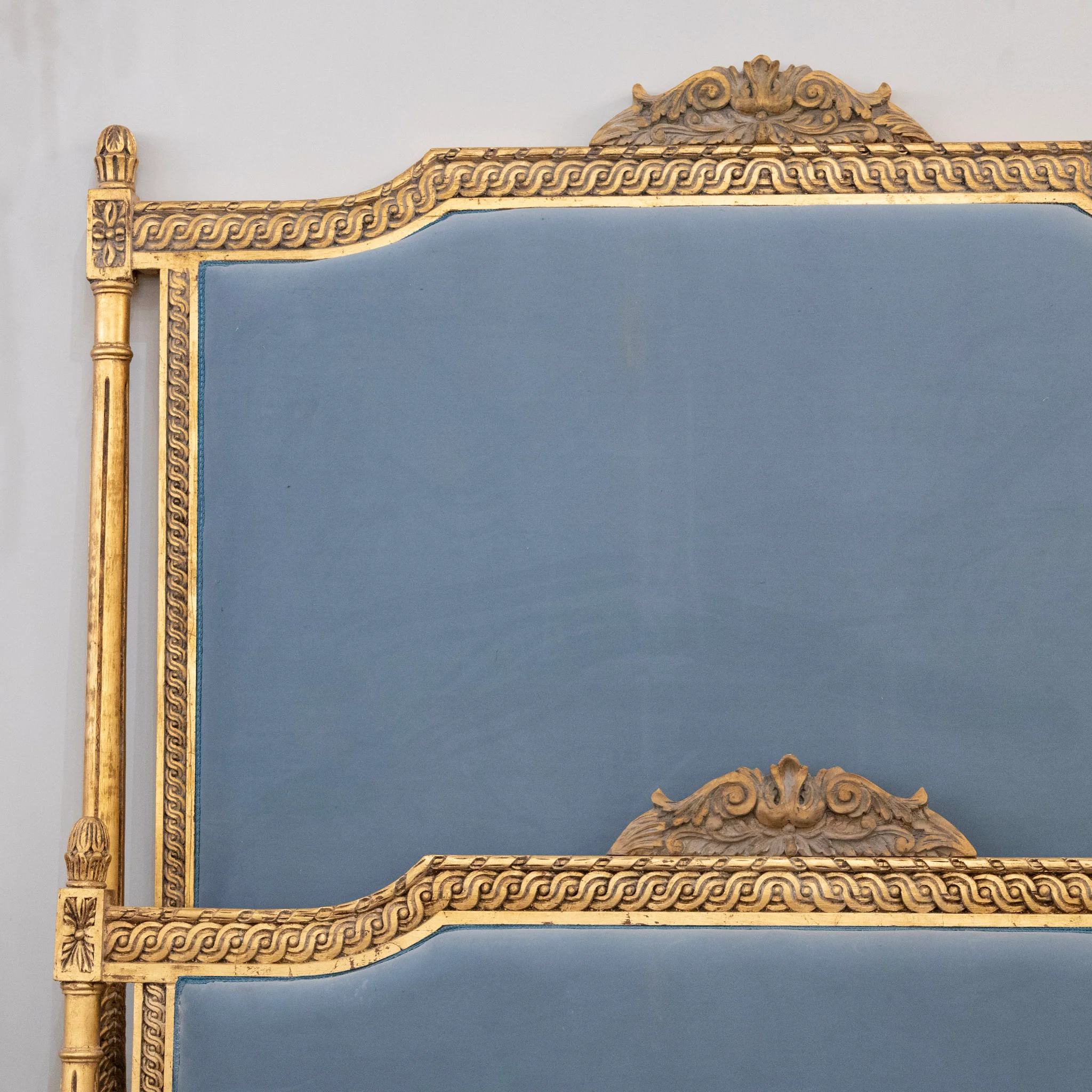 Louis XVI Gilded Queen Bed Set with Carved Trim – Blue Velvet Upholstery - Image 2