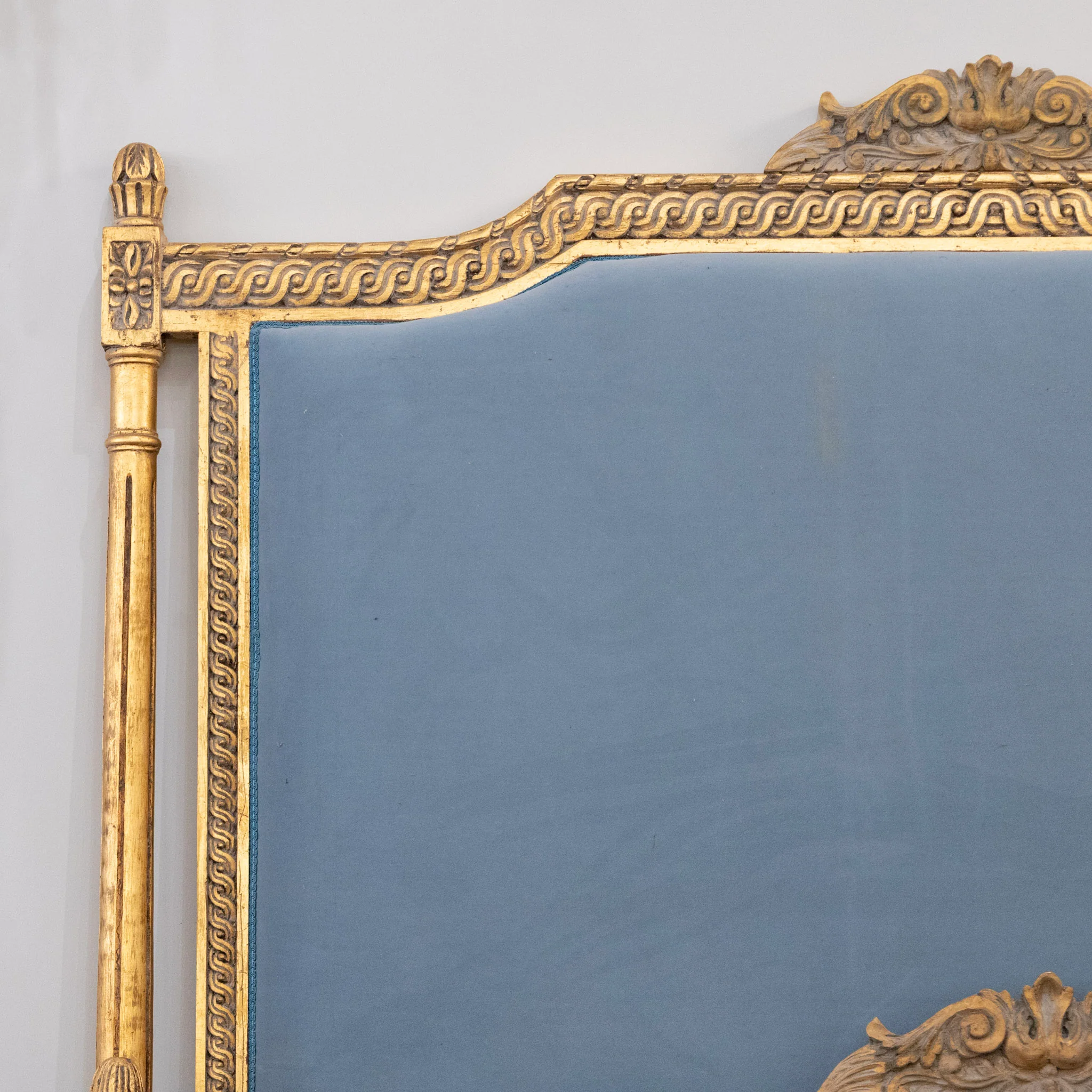 Louis XVI Gilded Queen Bed Set with Carved Trim – Blue Velvet Upholstery - Image 3