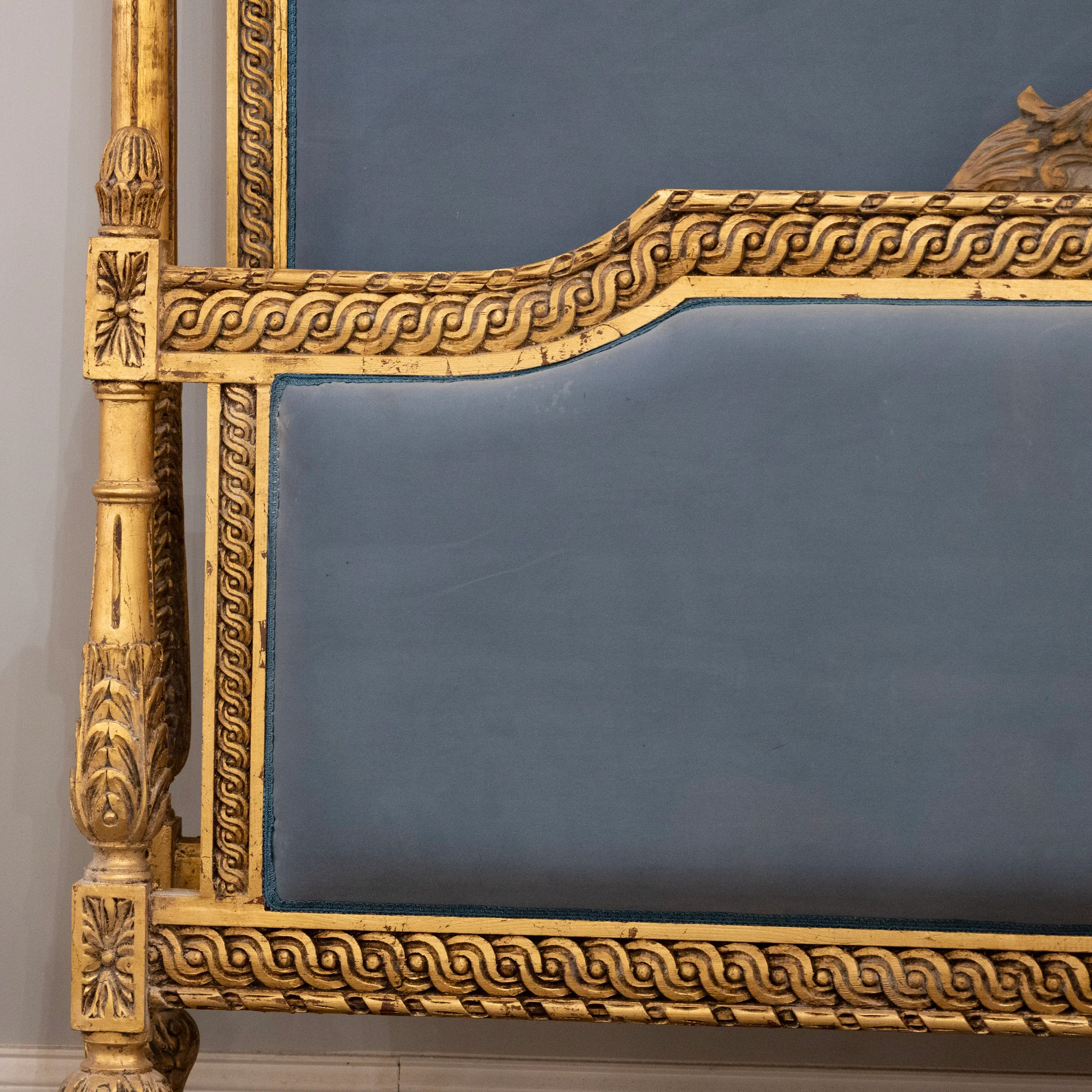 Louis XVI Gilded Queen Bed Set with Carved Trim – Blue Velvet Upholstery - Image 5