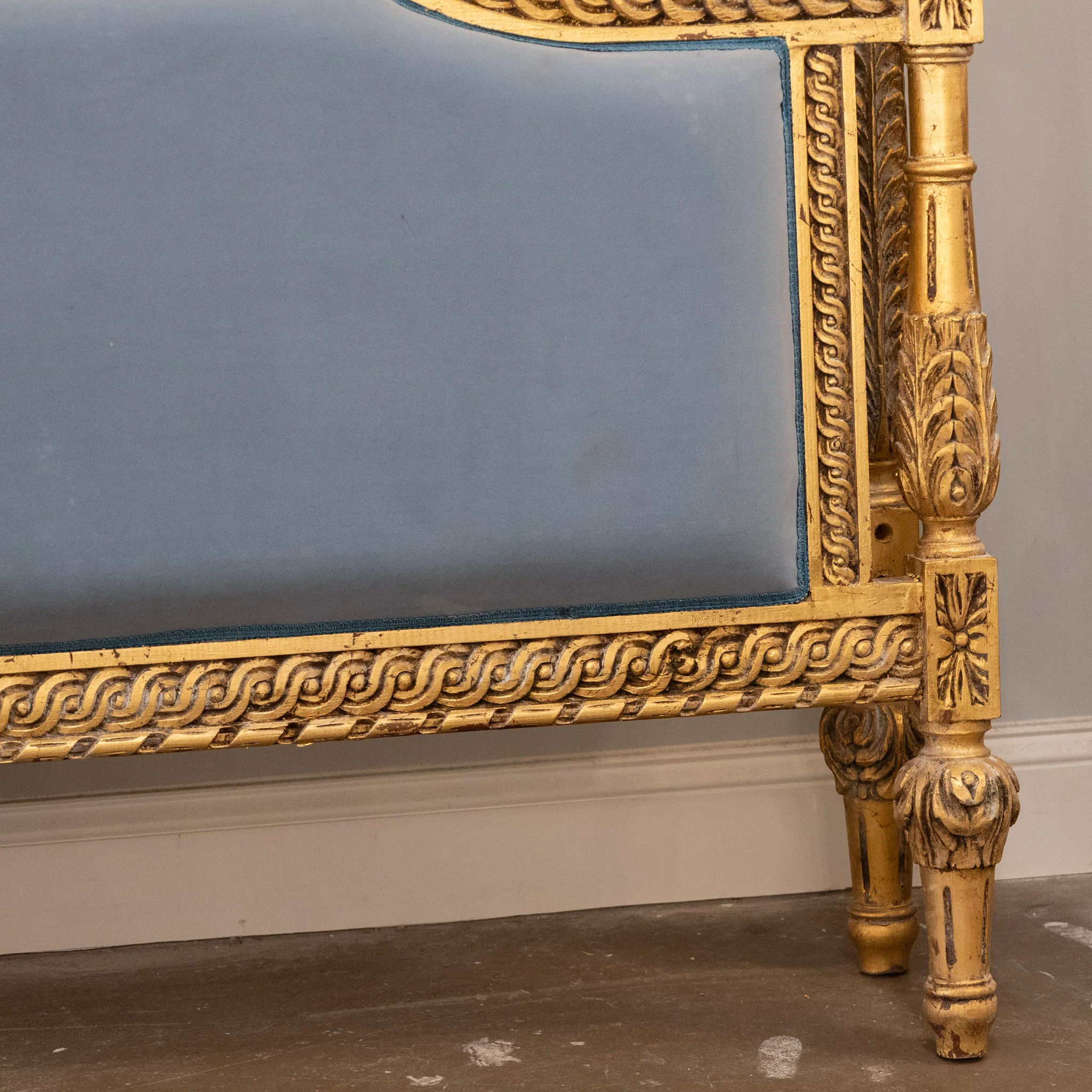Louis XVI Gilded Queen Bed Set with Carved Trim – Blue Velvet Upholstery - Image 6