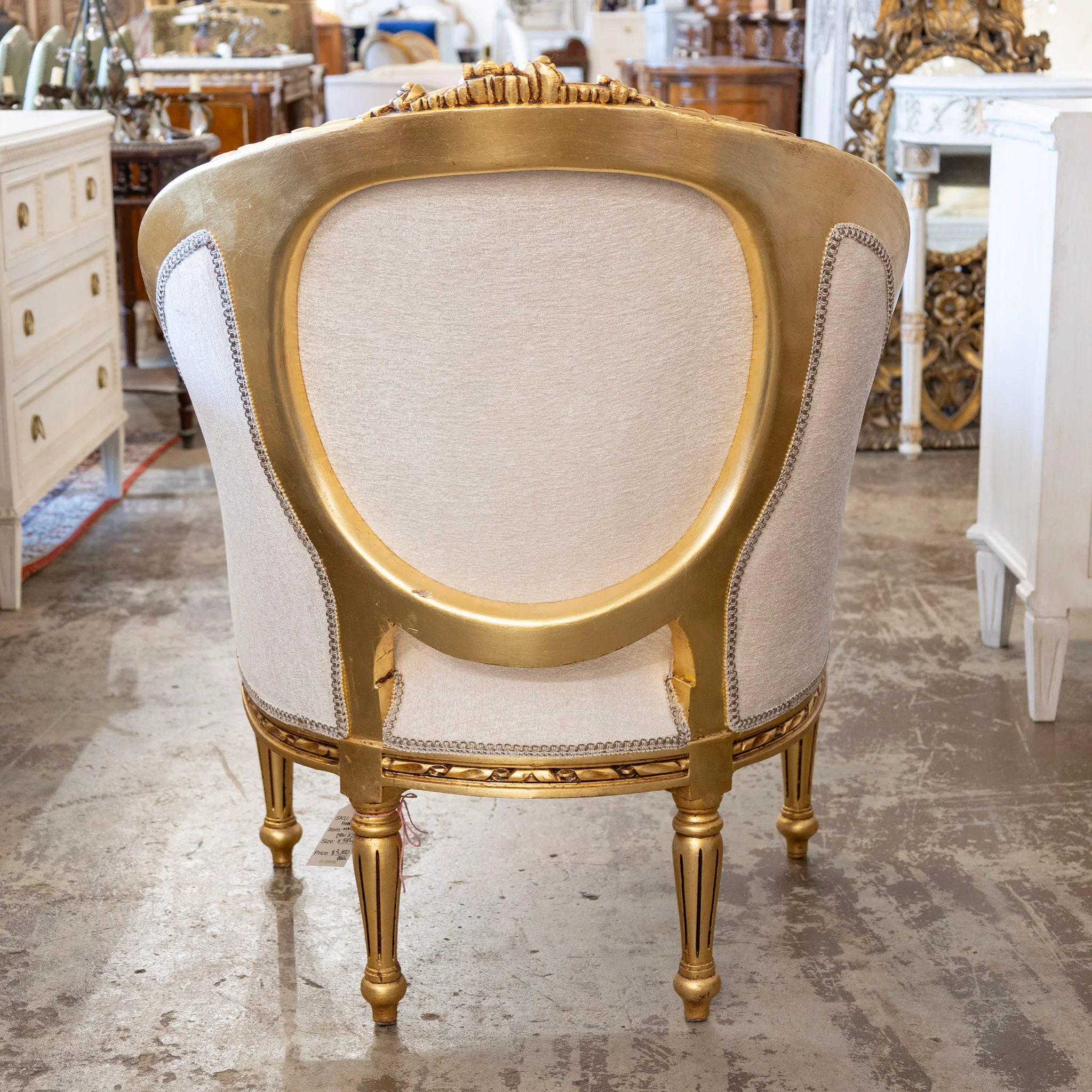 Louis XVI Gilded Round Bergère Chair – White Silk Weave Upholstery - Image 6