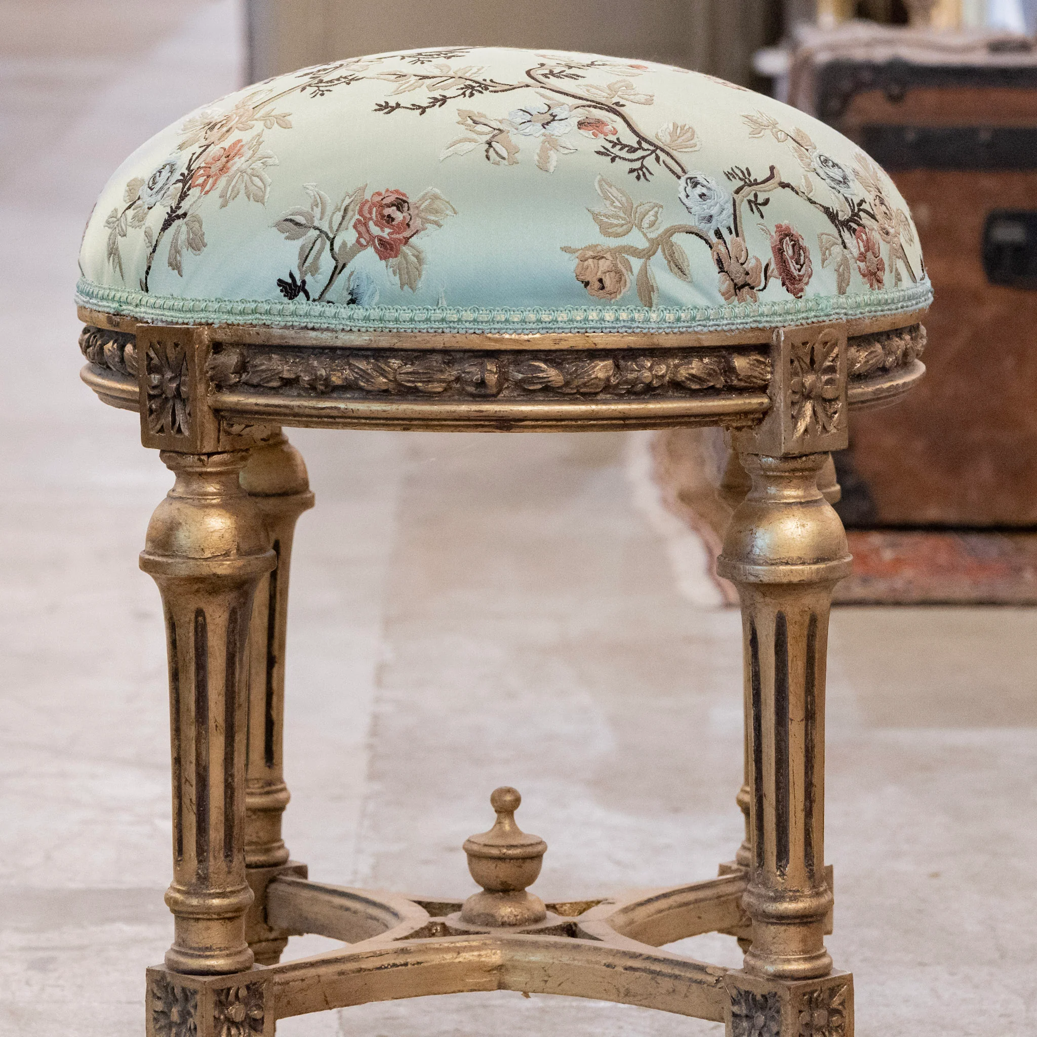 Louis XVI Gilded Round Stool – Soft Green Floral Upholstery - Image 2