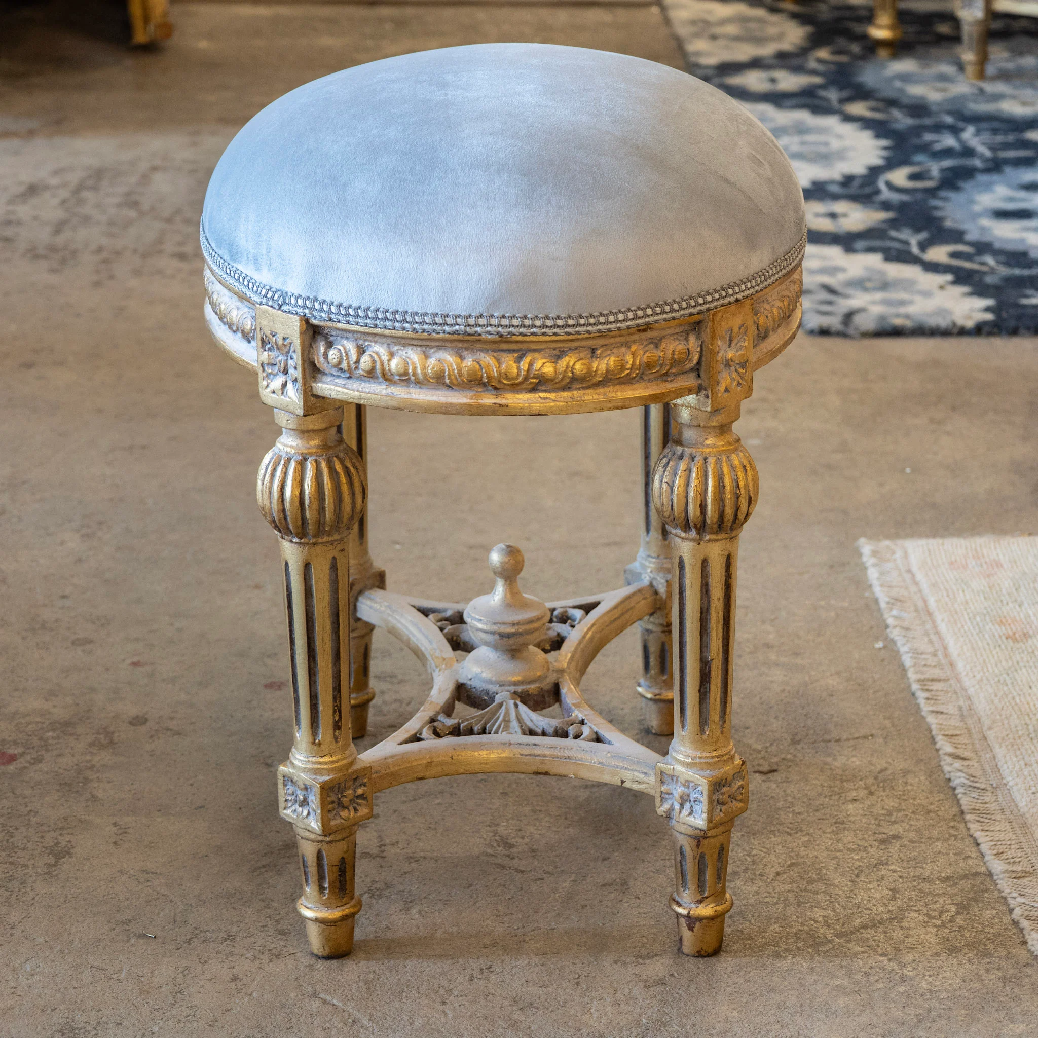 Louis XVI Gilded Round Stool – Muted Blue Velvet Seat - Image 2