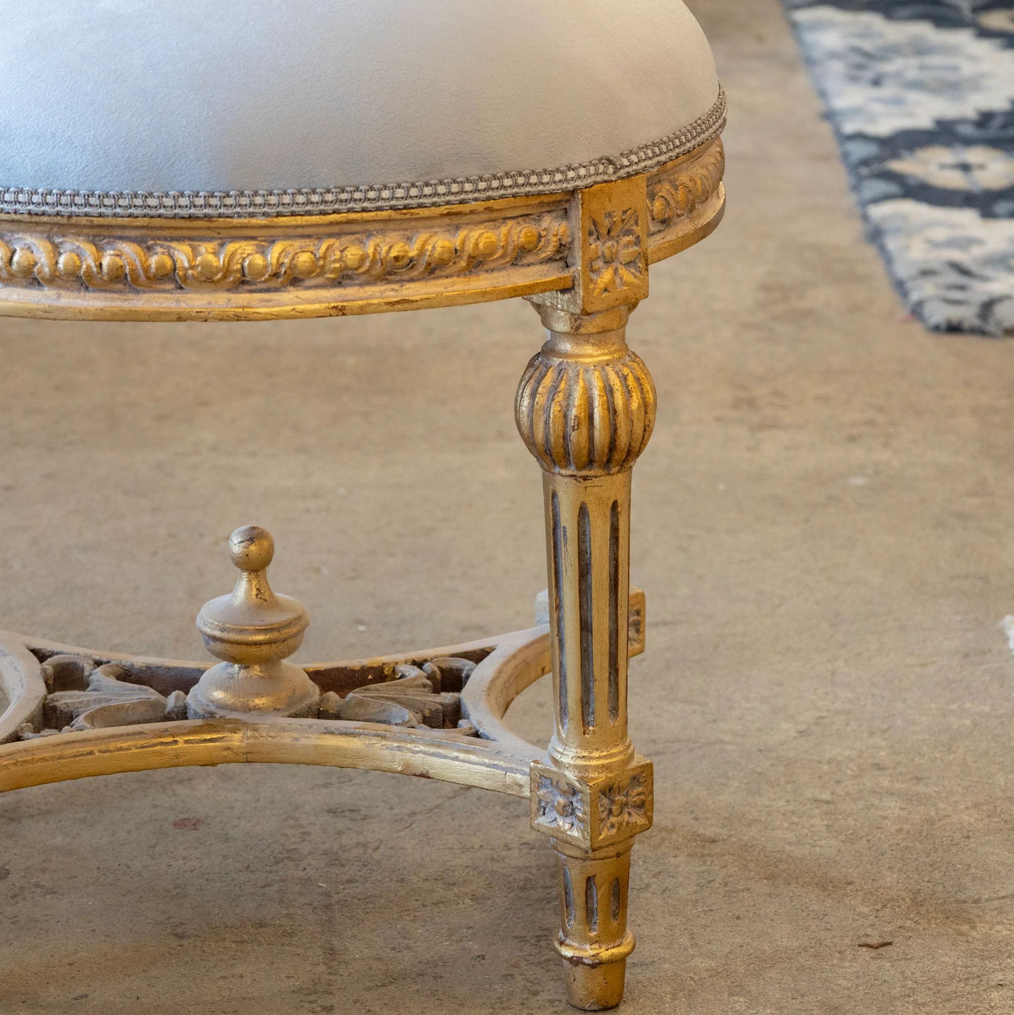 Louis XVI Gilded Round Stool – Muted Blue Velvet Seat - Image 3