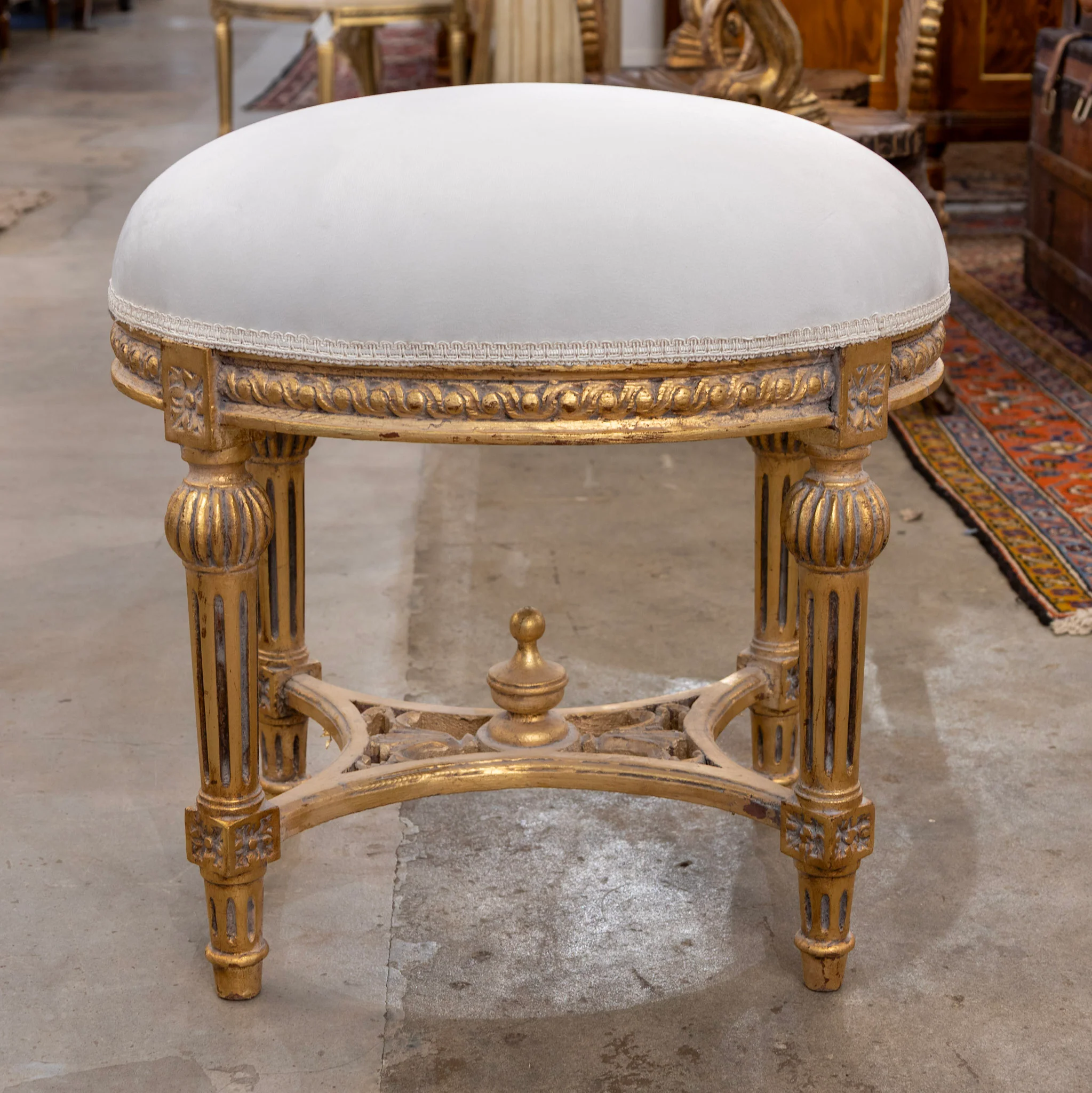 Louis XVI Gilded Oval Stool – White Velvet Upholstery