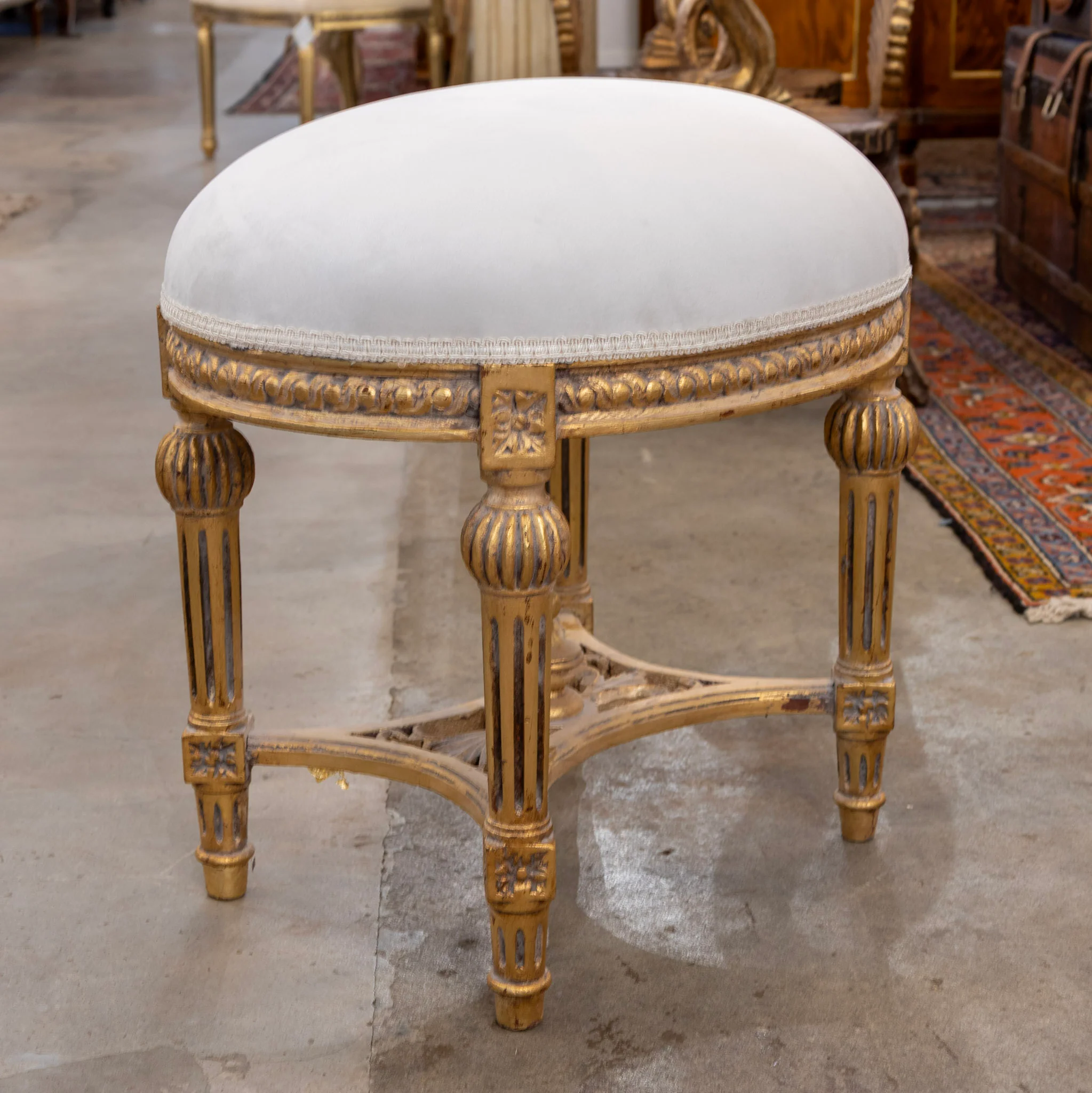 Louis XVI Gilded Oval Stool – White Velvet Upholstery - Image 2