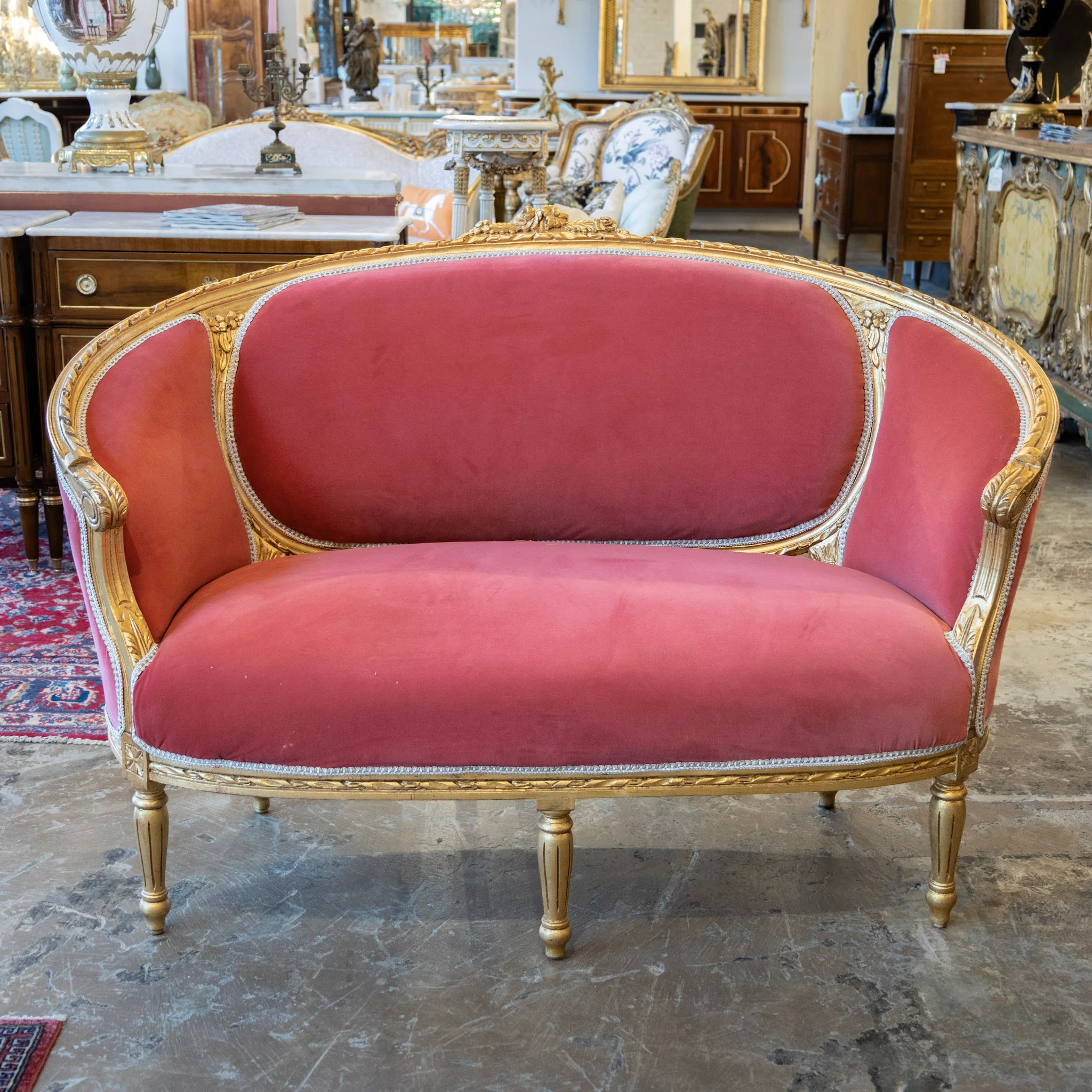 Louis XVI Gilded Settee – Dark Pink Velvet Upholstery