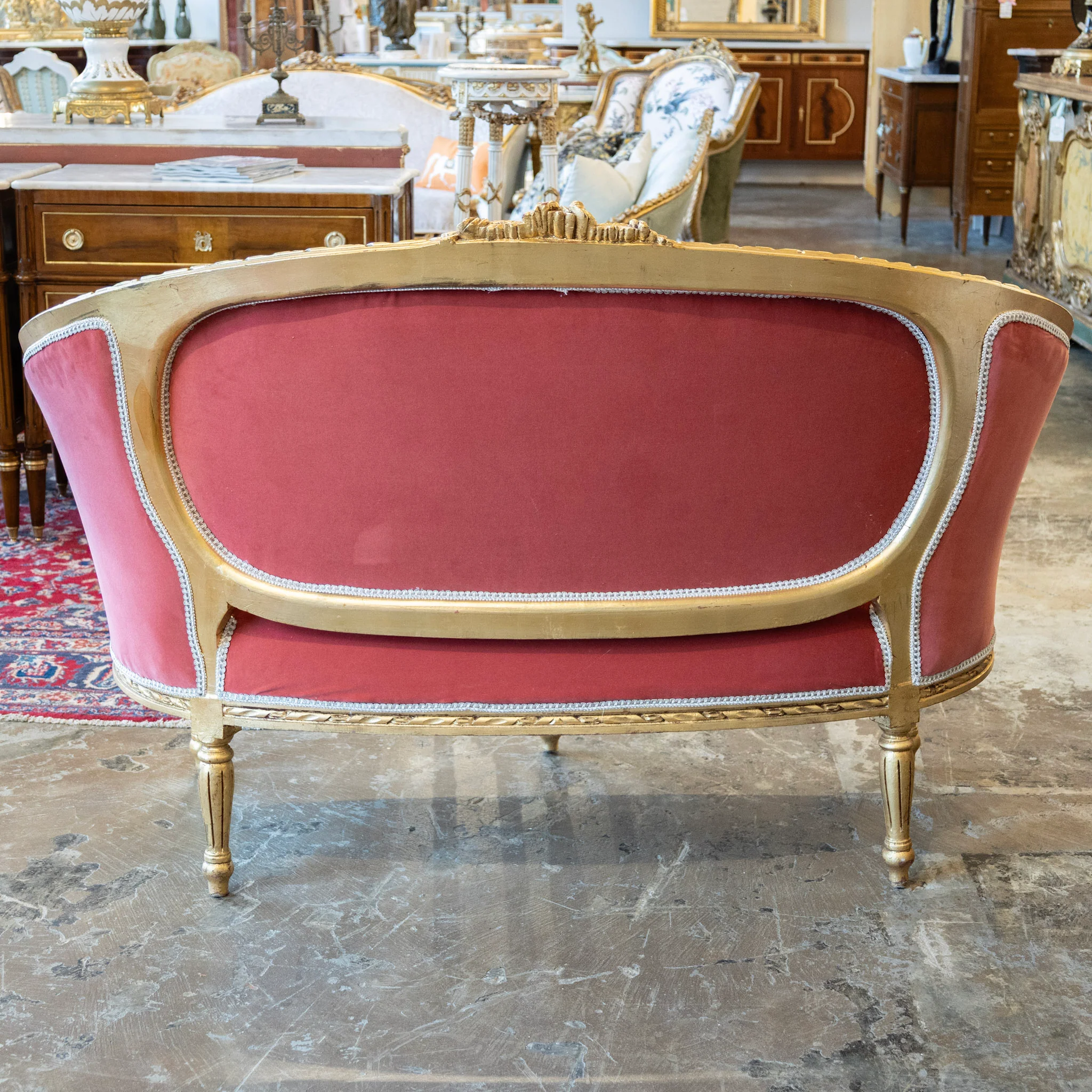 Louis XVI Gilded Settee – Dark Pink Velvet Upholstery - Image 8