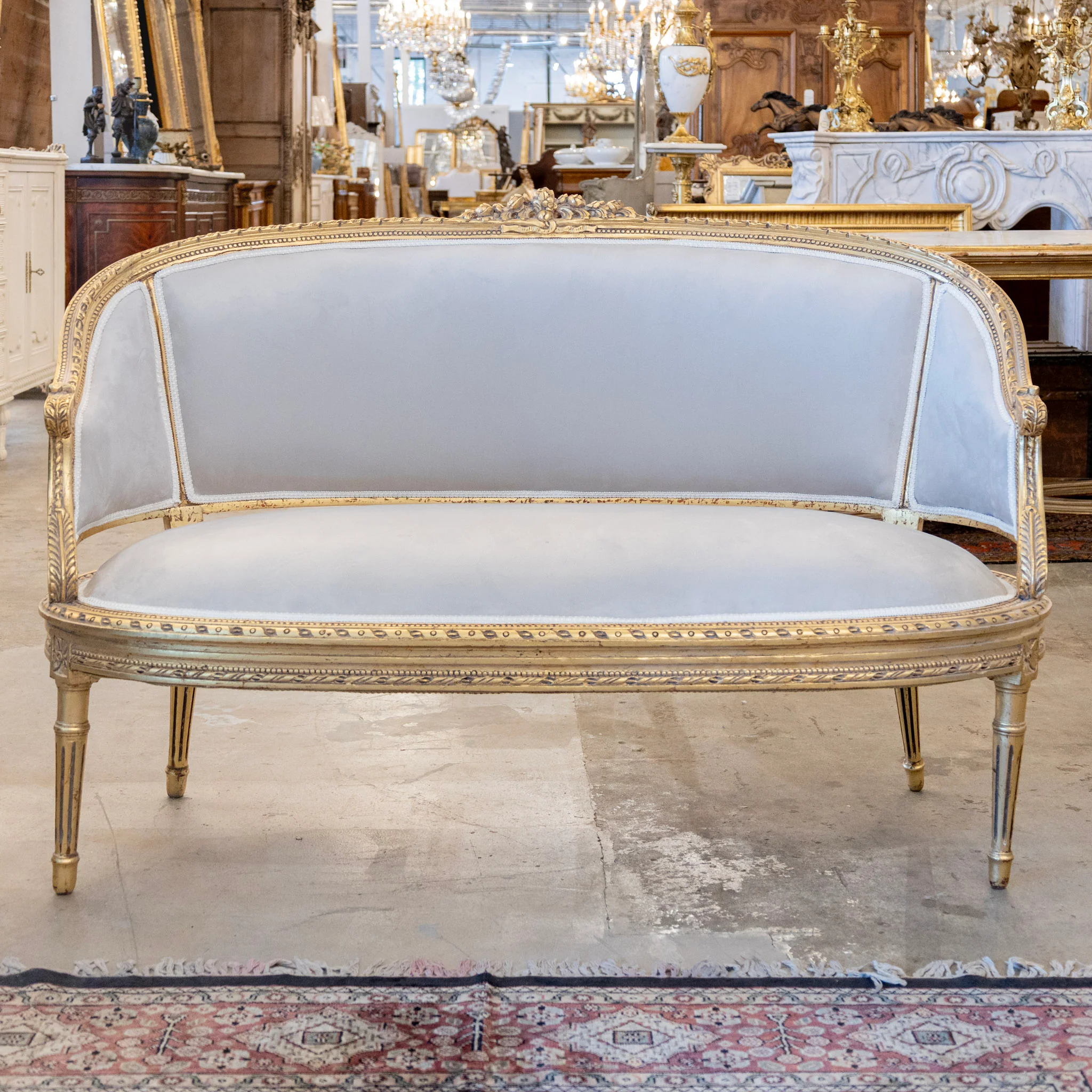 Louis XVI Gilded Settee – Light Gray Velvet Upholstery & Rope Trim