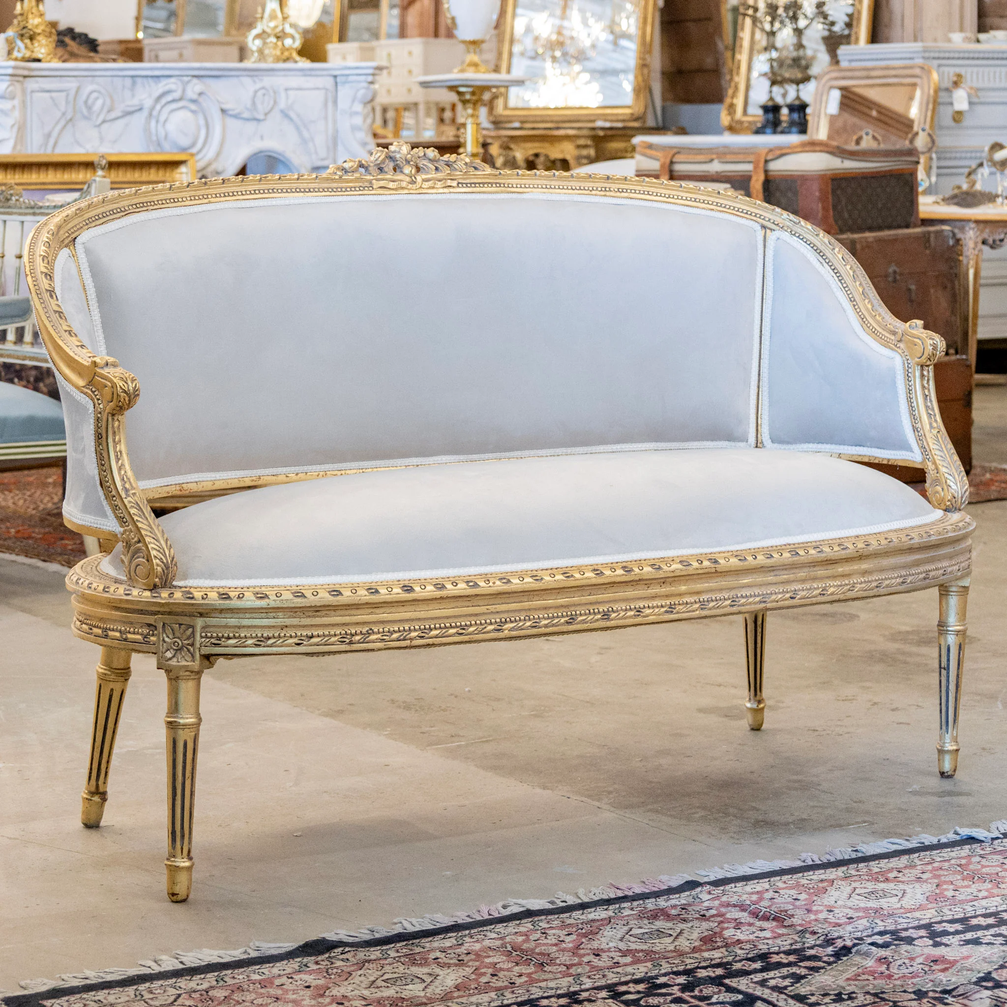 Louis XVI Gilded Settee – Light Gray Velvet Upholstery & Rope Trim - Image 2